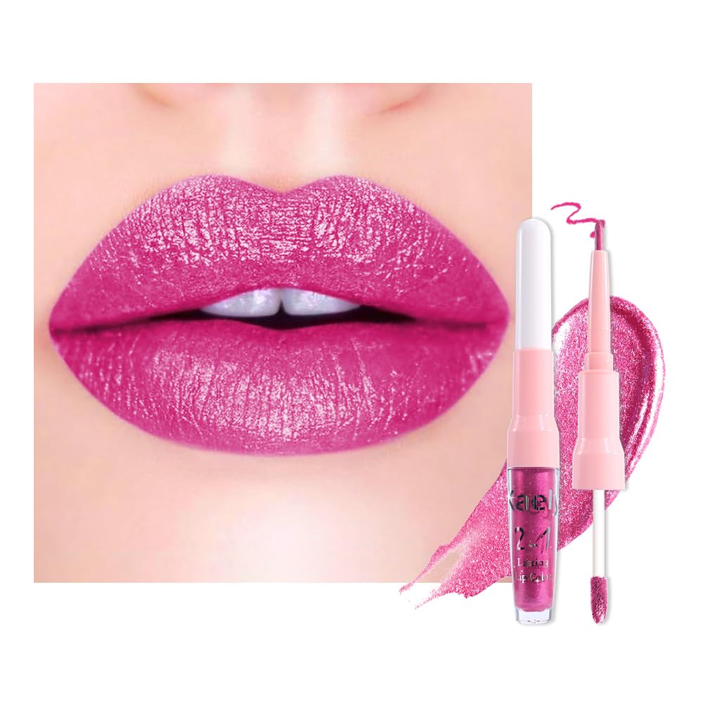 Kaely 2-in-1 Rose Metallic Lipstick and Lip Liner, Shimmer Liquid Metallic Lipsticks for Women, Glitter Lip Gloss Stain Long Las