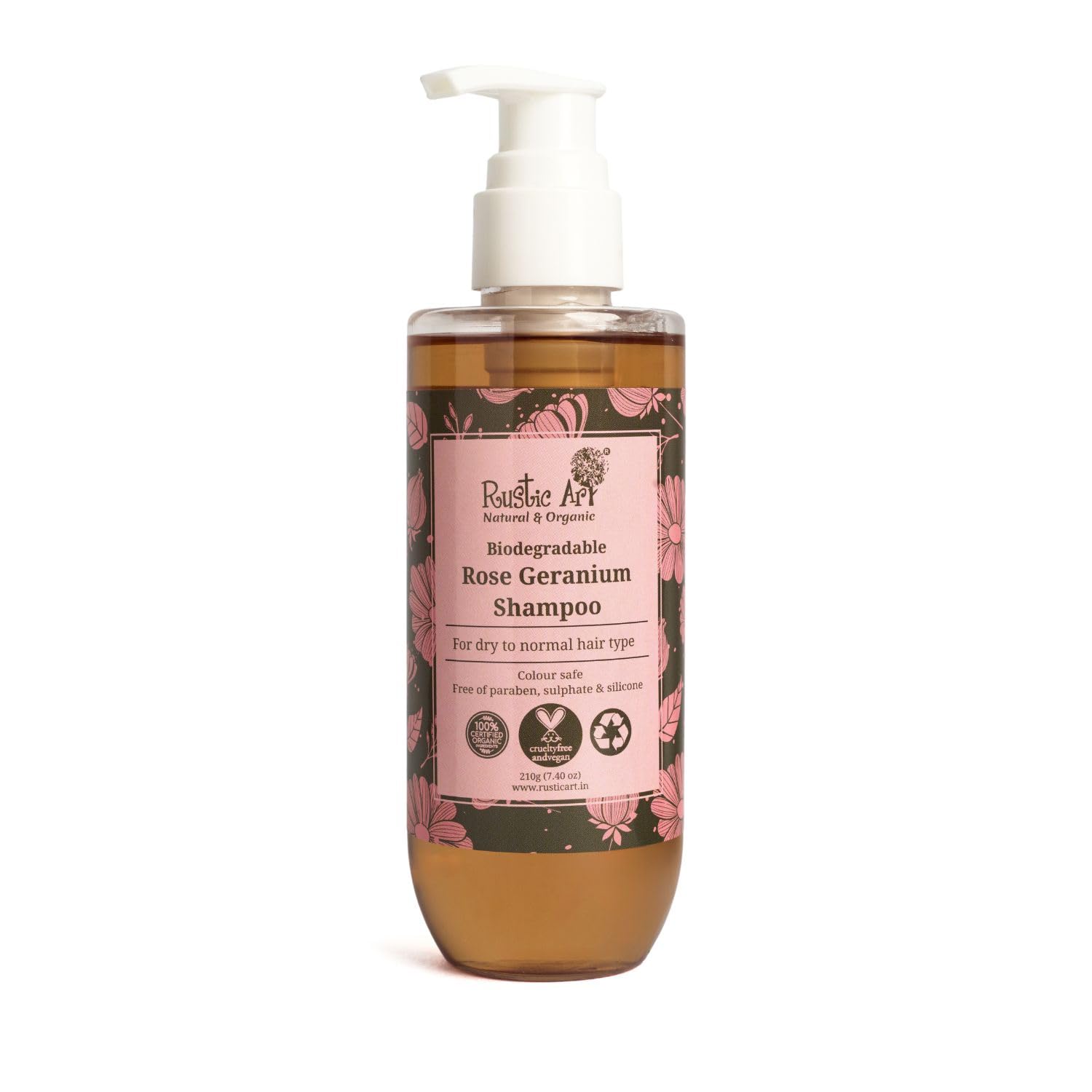 Rustic Art Rose Geranium Natural Shampoo | Dry Hair & Scalp Wellness | Sulphate Paraben Free | All Hair Types | Men Women | 210G