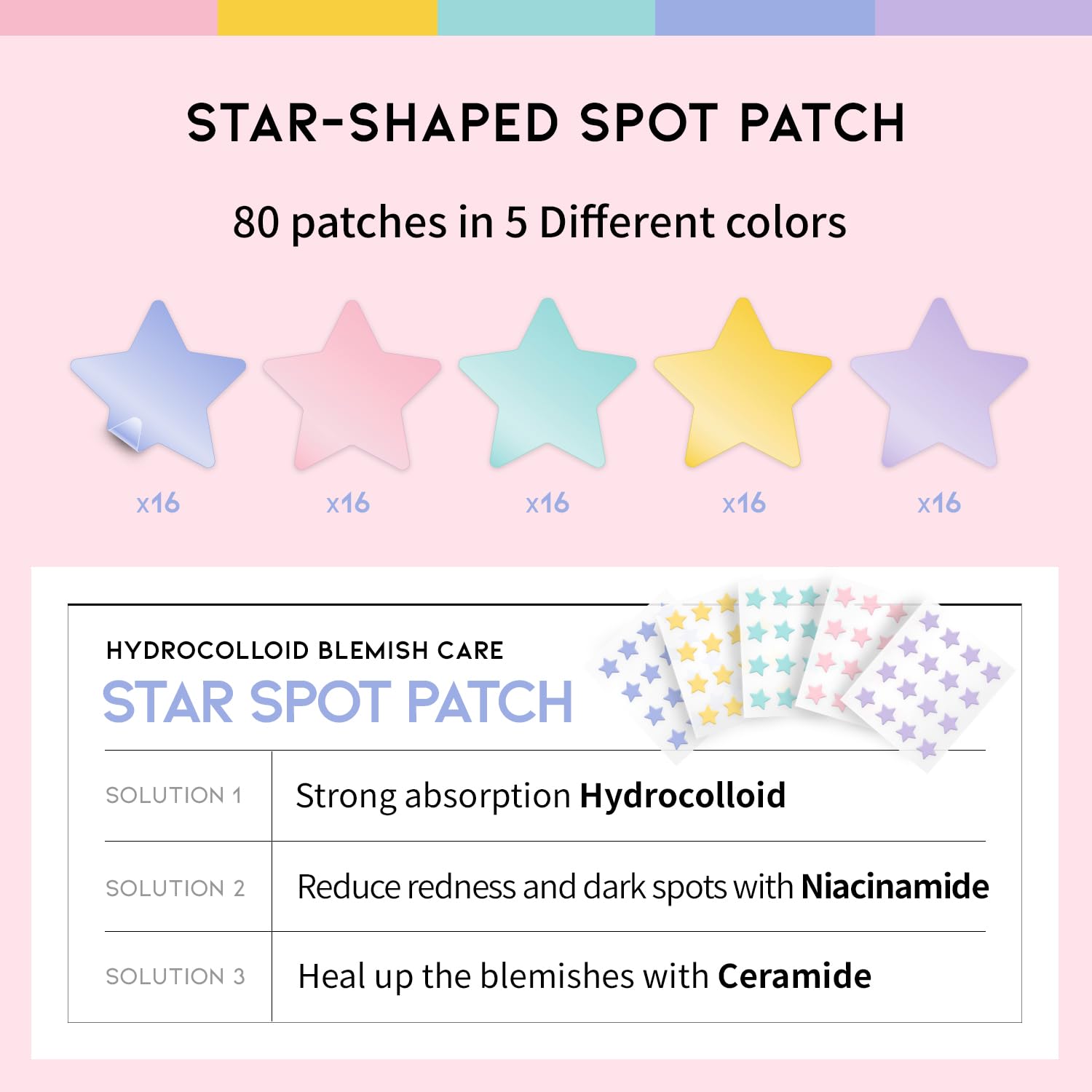 Star Spot Acne/Pimple Patch For Face, Hydrocolloid, Niacinamide, Ceramide, Cute Pastel Colors, Protecting & Healing, Prevent sca
