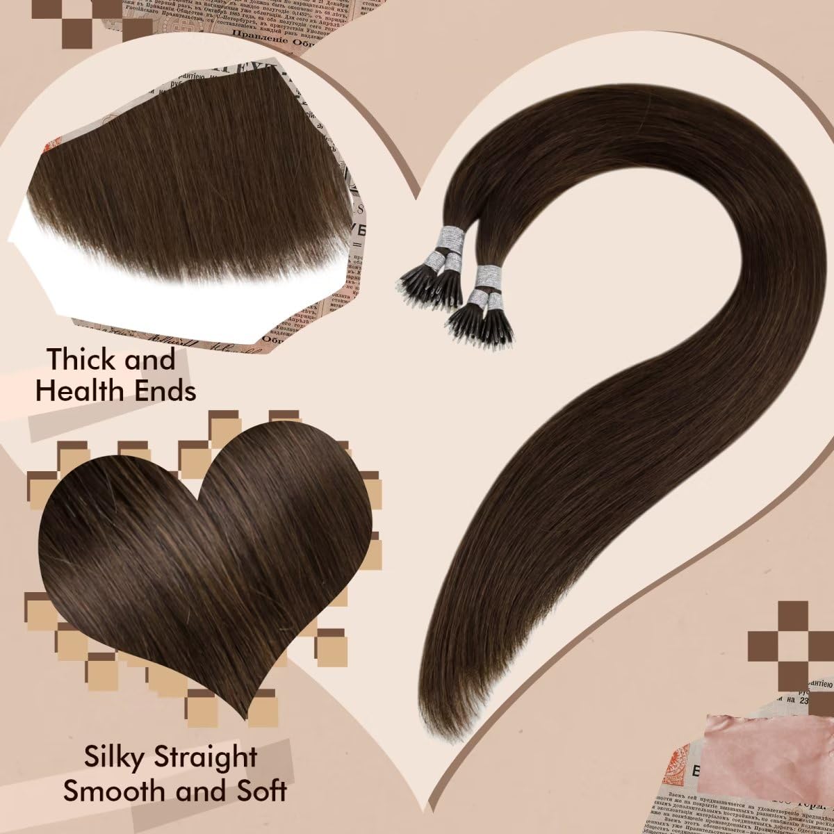 Hetto 20 Inch Nano Beads Brown Hair Extensions Real Human Hair Nano Ring Hair Extensions #4 Dark Brown Nano Link Human Hair Exte