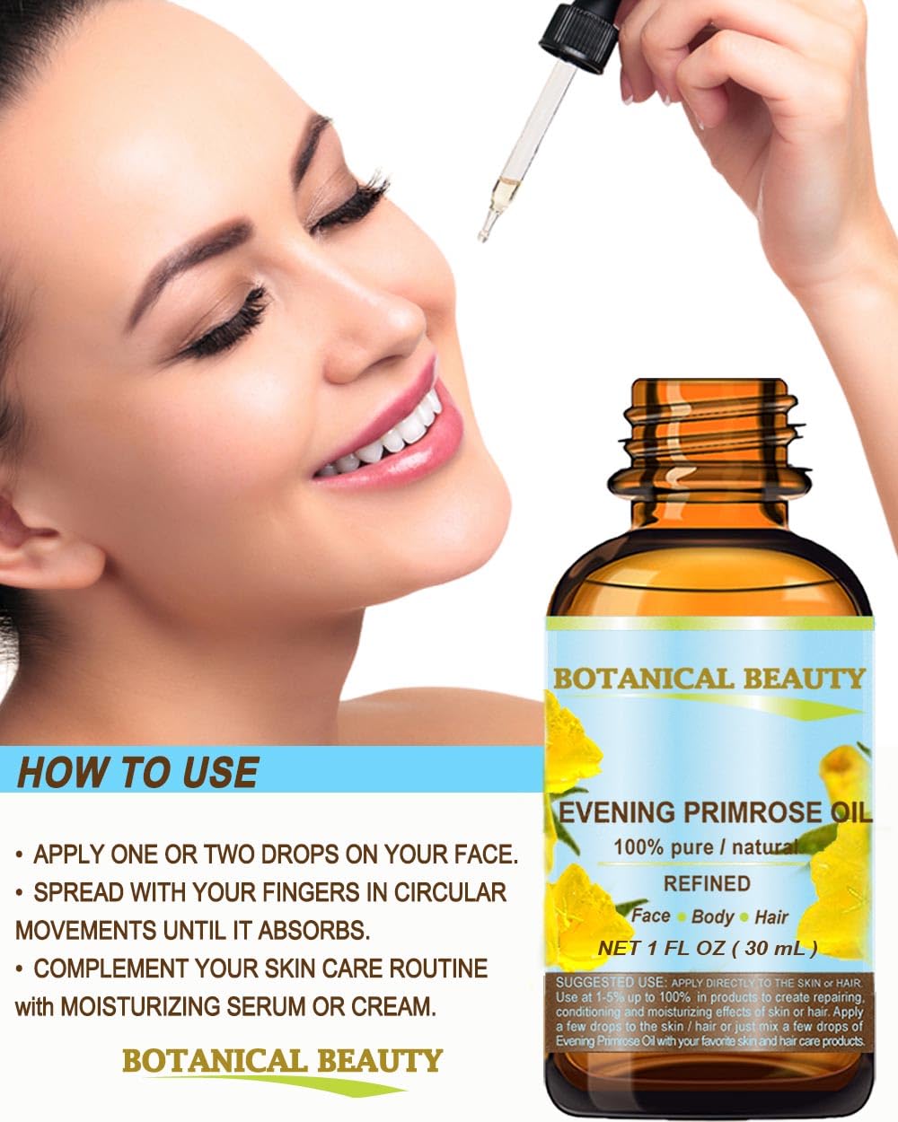 Botanical Beauty EVENING PRIMROSE OIL 100% Pure Natural Undiluted Unrefined Virgin Cold Pressed Carrier Oil. 1 Fl.oz.- 30 ml for