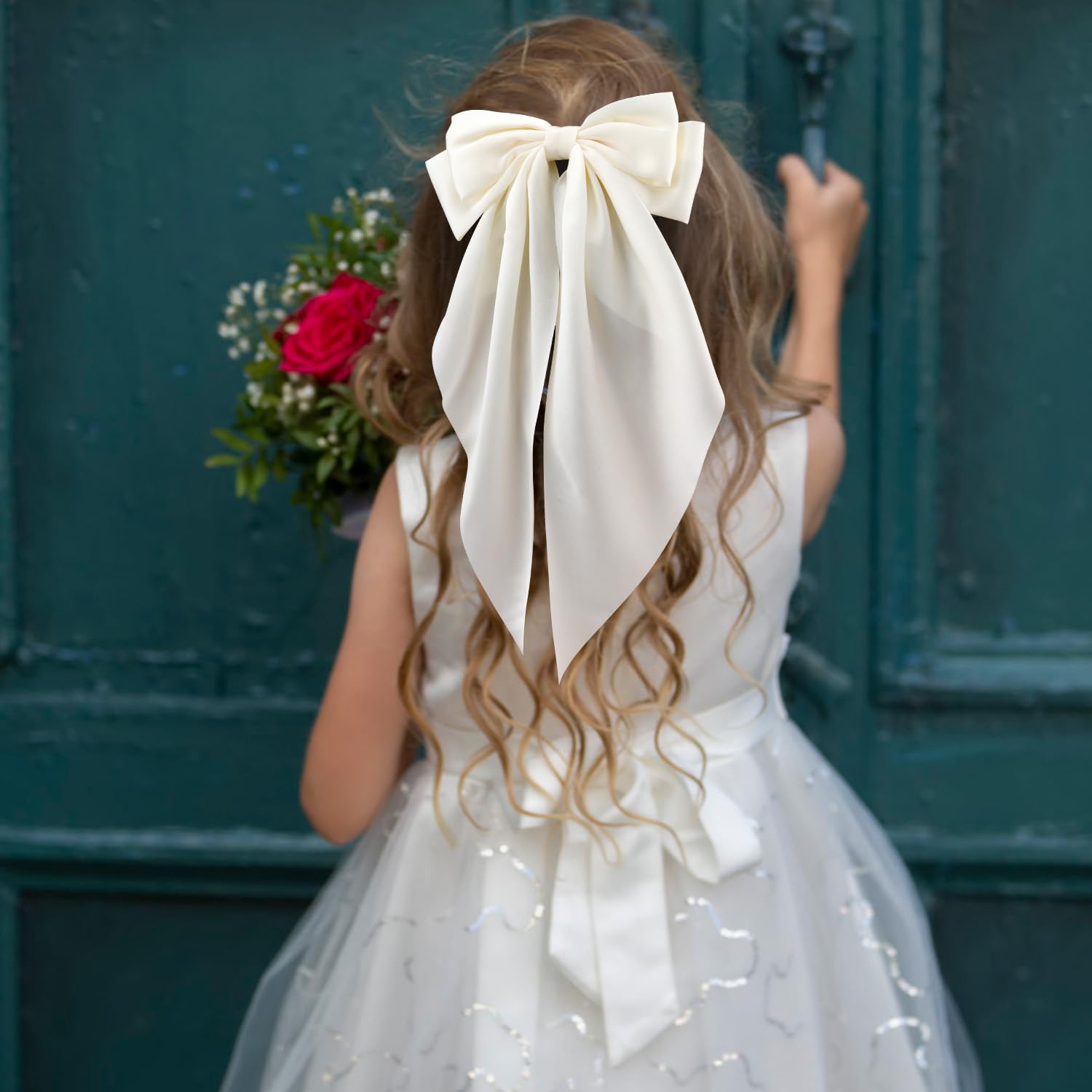 Atoden Silky Satin Hair Bows Pink Beige 2Pcs Big Hair Bows Hair Ribbons Oversized Long Tail Bow Hair Clips Large Hair Ribbon Bar