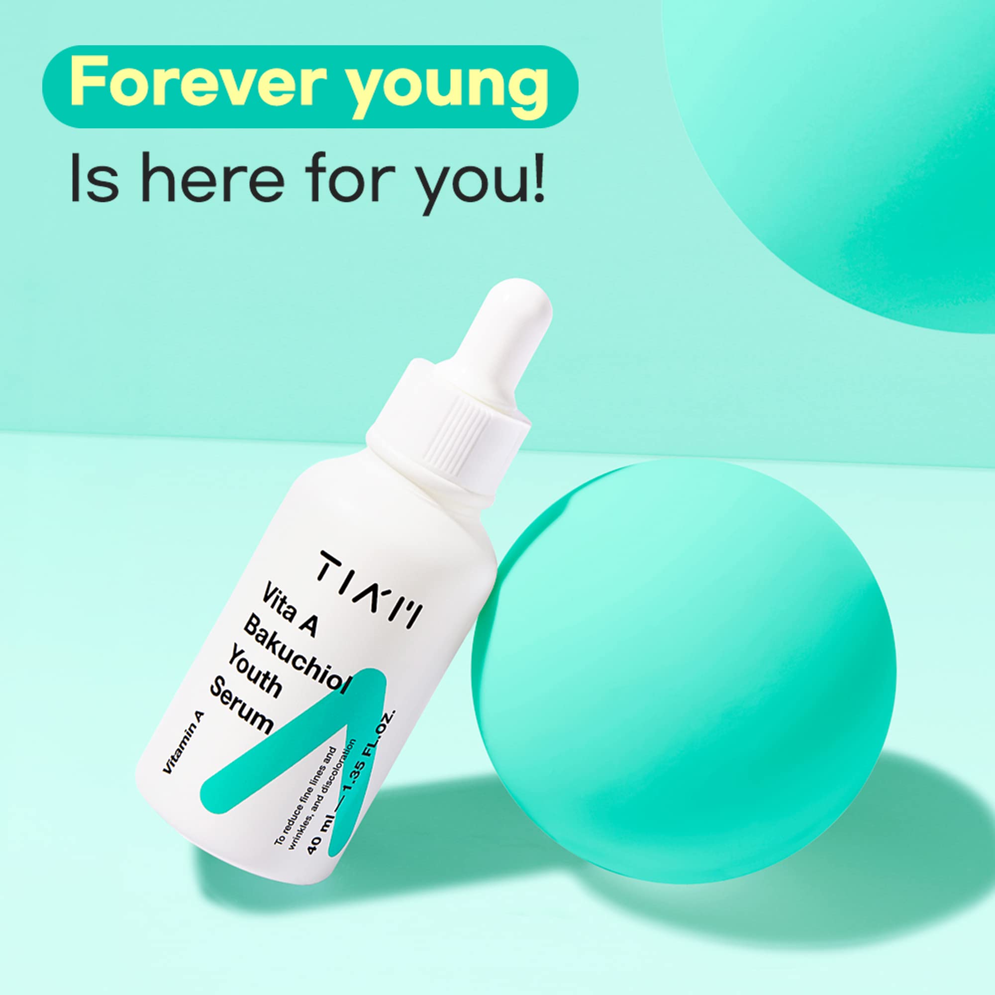 TIAM Vita A Bakuchiol Youth Serum, Anti-Aging Facial Serum for Wrinkles, Dark Spots, Suitable for Sensitive Skin, 1.35 FL.OZ. /