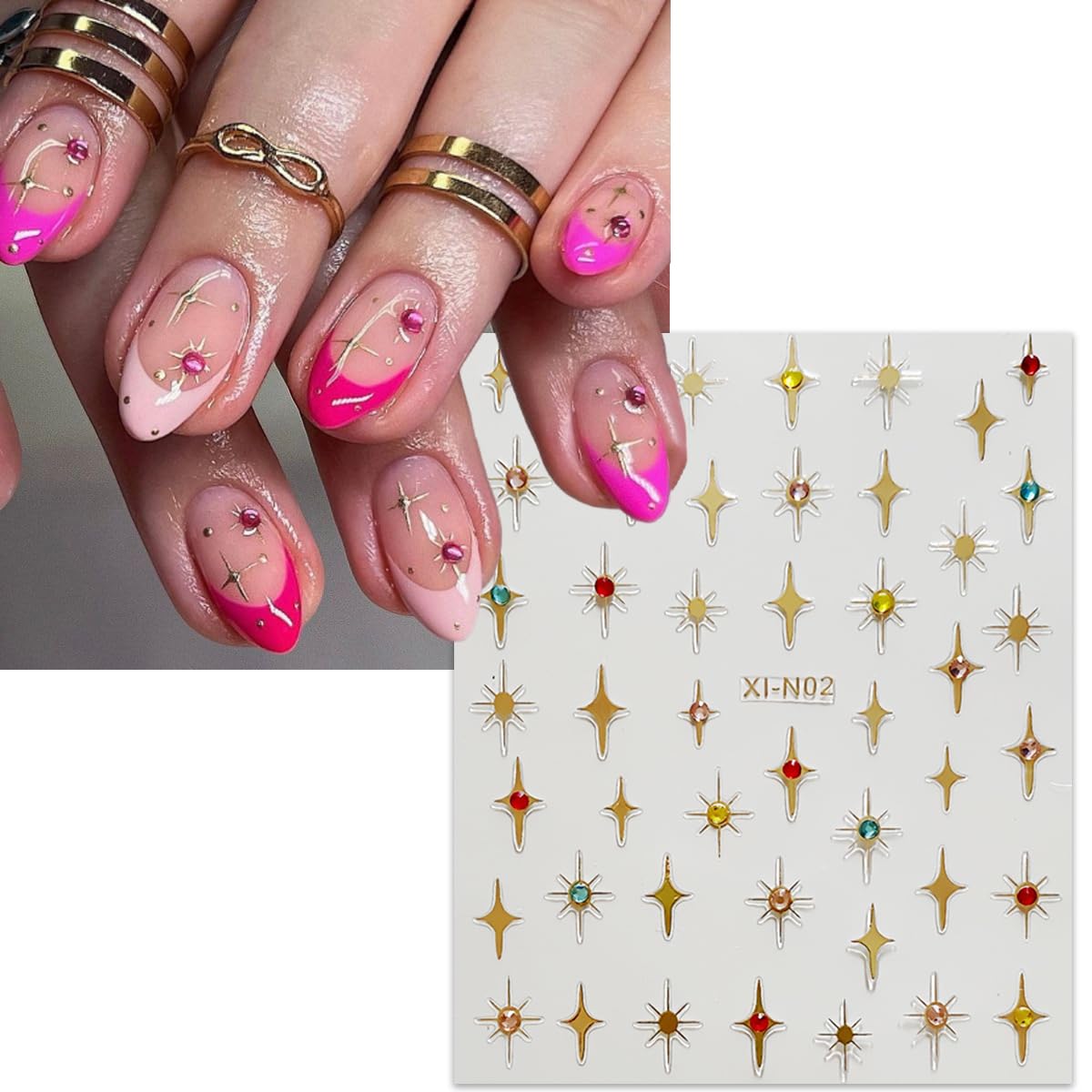 6 Sheets Shiny Star Nail Stickers For Nail Art 3D Glitter Gold Silver Star Luxury Rhinestones Nail Design Stickers Black White S