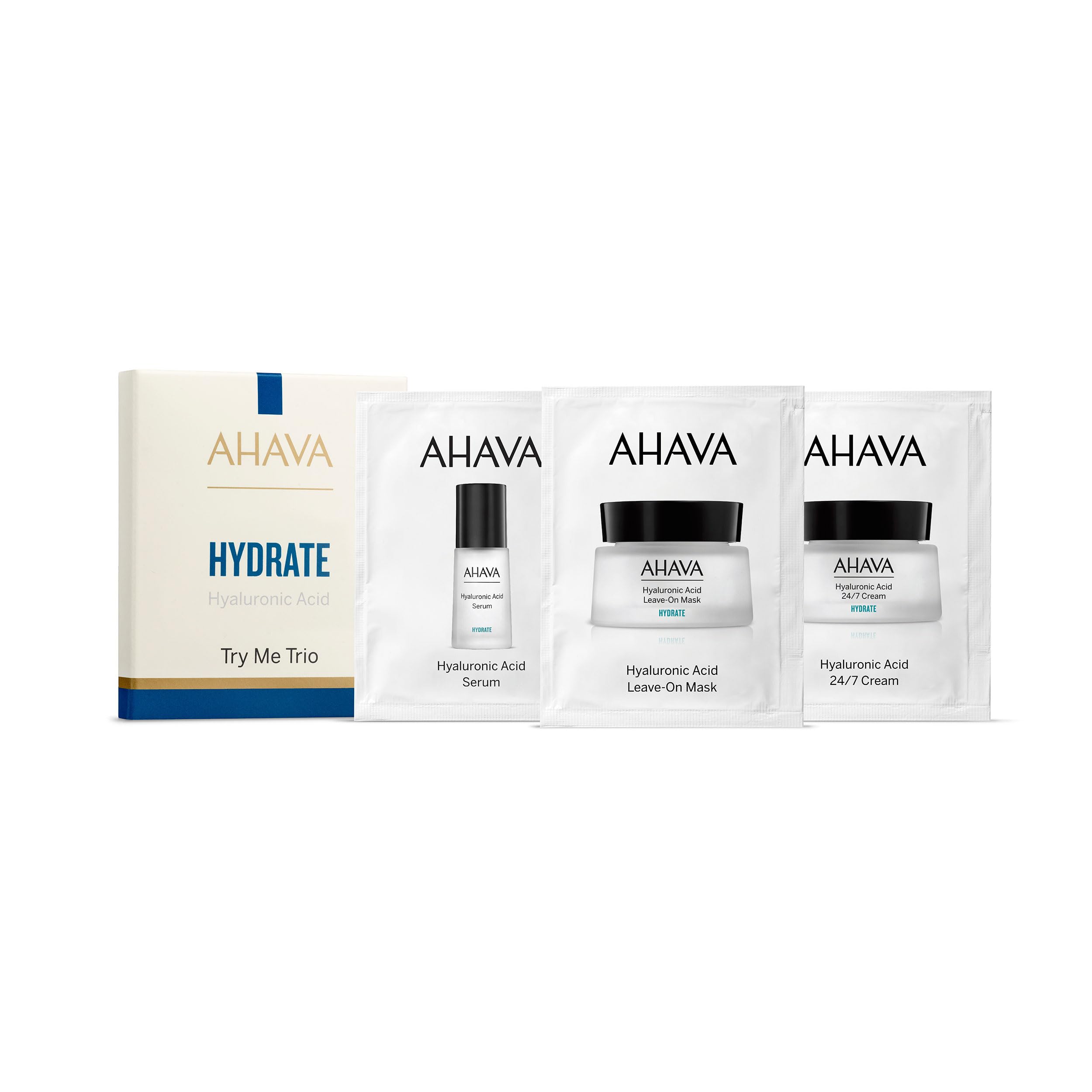 AHAVA Hyaluronic Acid Hydrate Sachet Kit - HA Serum, Leave on Mask & 24/7 Face Cream, Boosts Hydration, Long Time Wrinkle Preven