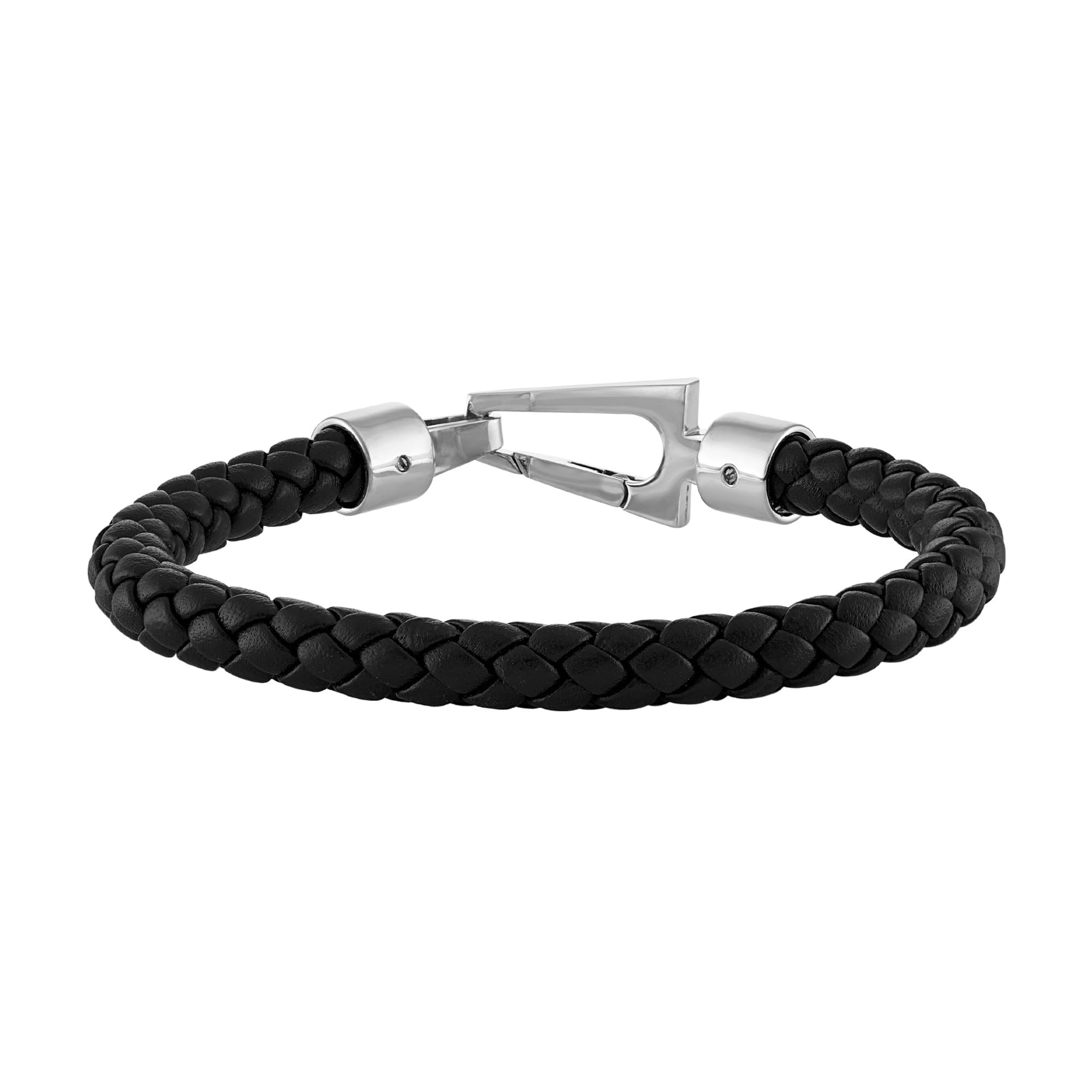 Bulova Mens Jewelry Marine Star Black Leather Braided Bracelet, Tuning Fork Stainless Steel Clasp