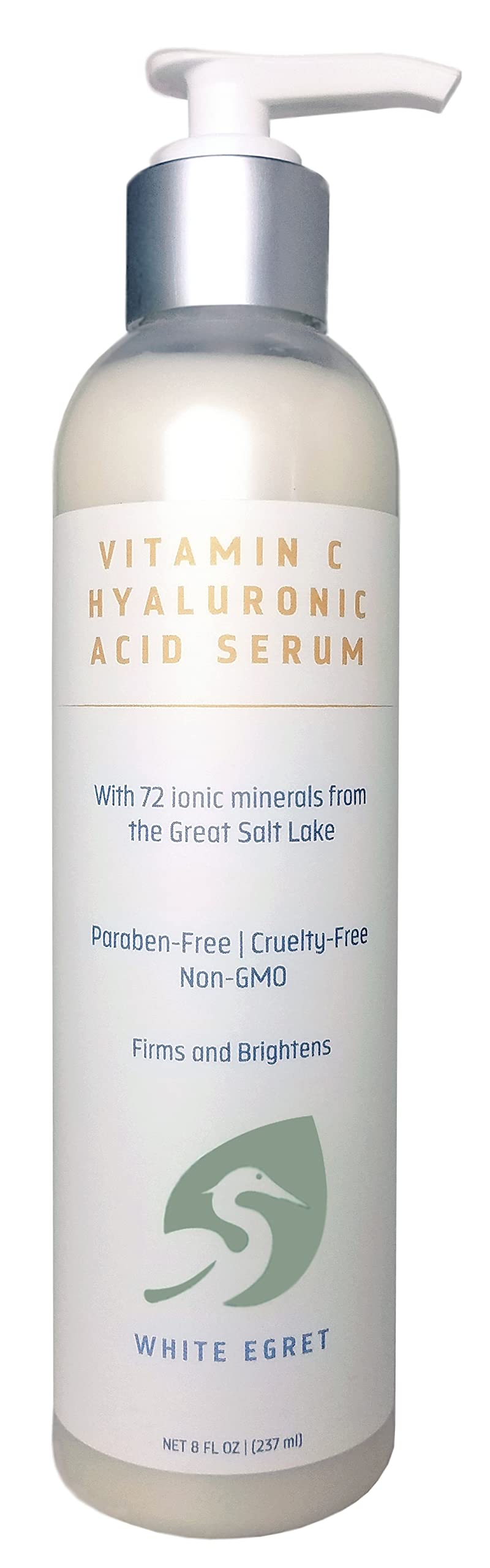 White Egret Hyaluronic Acid with Vitamin C, 72 Ionic Minerals from The Great Salt Lake for Firming, and brightening Skin, 8 fl. 