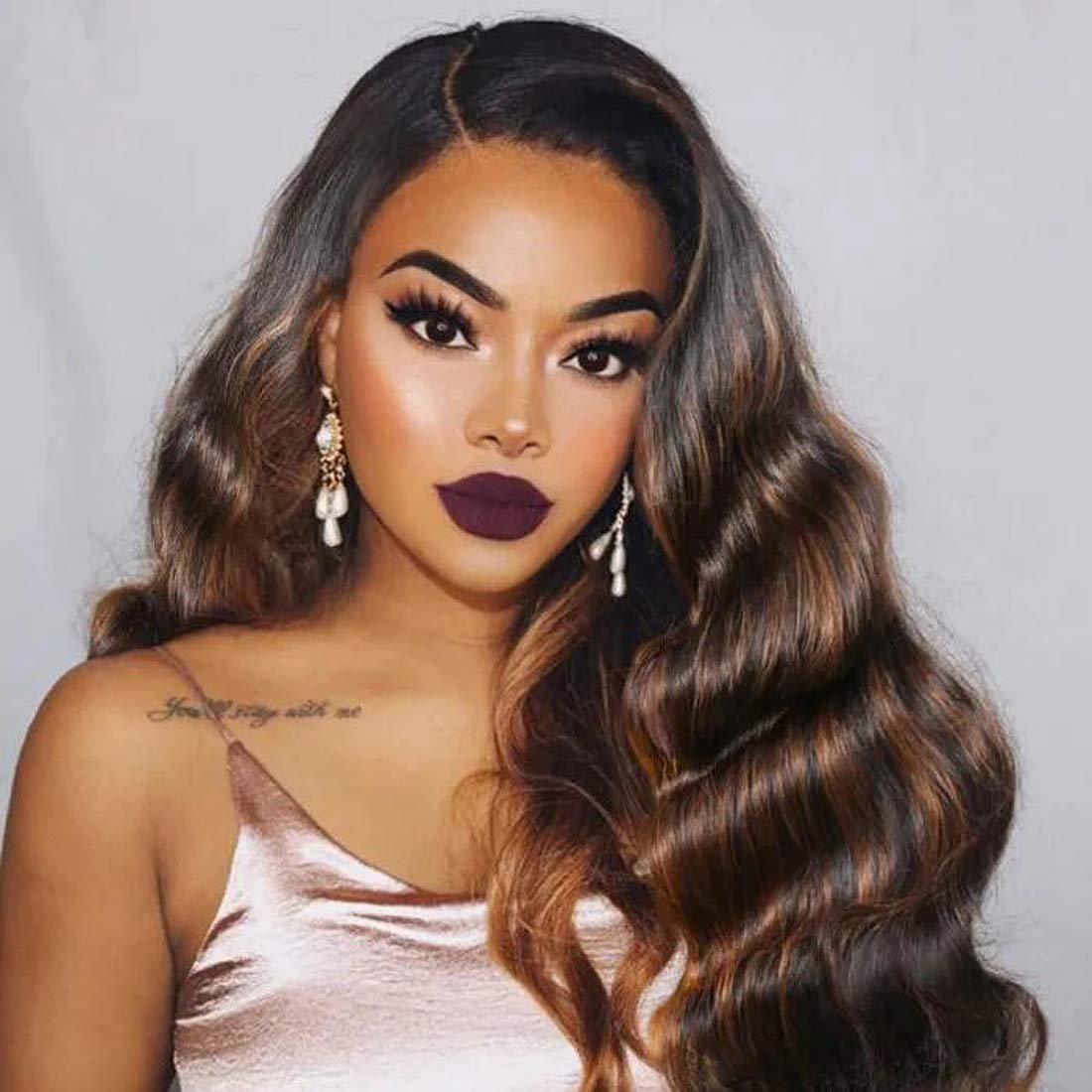 Unice Brown Highlight Body Wave Human Hair Weave 3 Bundles 20 22 24 Inch, Brazilian Remy Hair Ombre Blonde Human Hair Wavy Weave