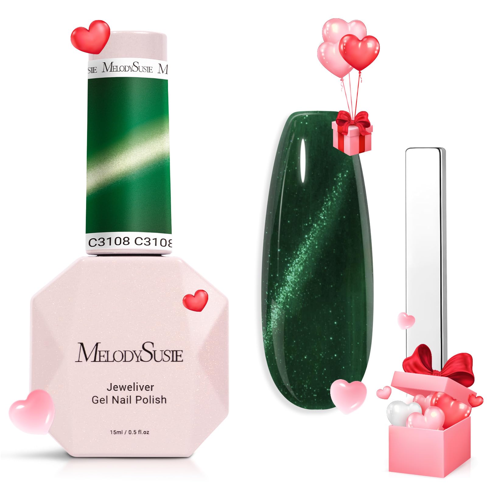 Melodysusie Jeweliver Cat Eye Gel Nail Polish, 0.5 Fl Oz Dark Green Glitter Holographic Magnetic Nail Polish With Magnet, Uv Nai