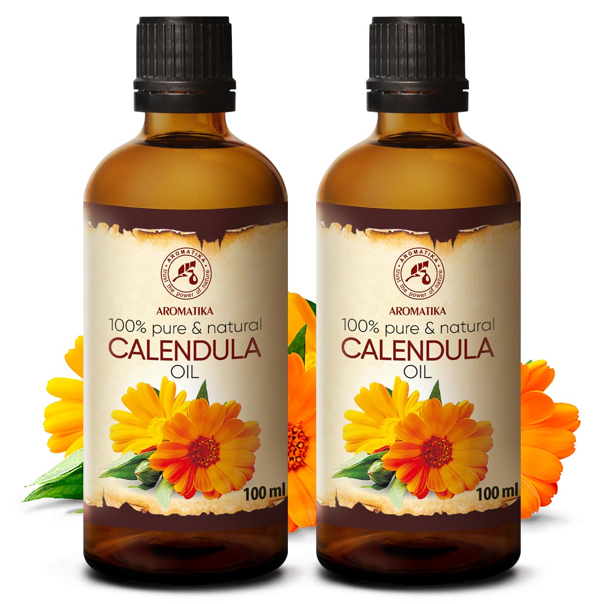 Aromatika Calendula Oil Set 2 X 3.4 Fl Oz - 6.8 Fl Oz - Calendula Officinalis - Infused - Almond Oil Base - 100% Pure & Natural