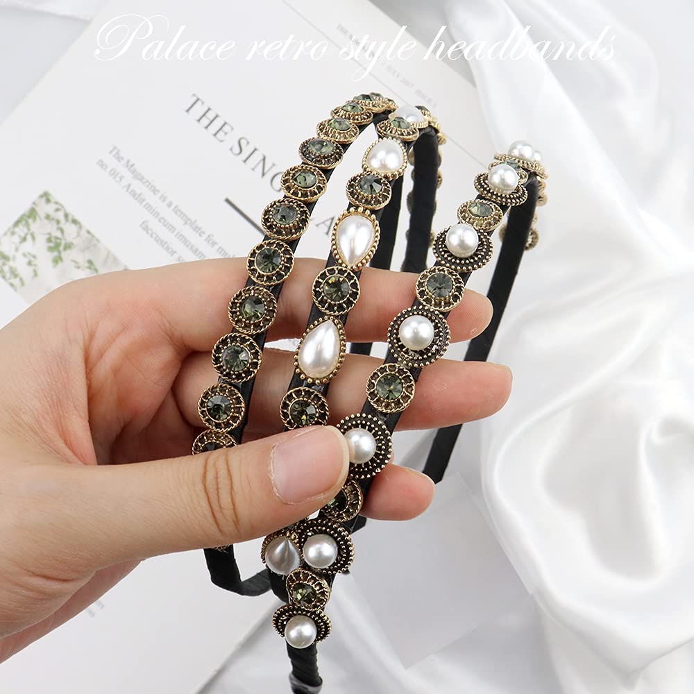Naihod 3 Pcs Pearls Rhinestones Thin Headbands For Women Girls Luxury Vintage Hair Bands For Women'S Hair With Cloth Wrapped Met