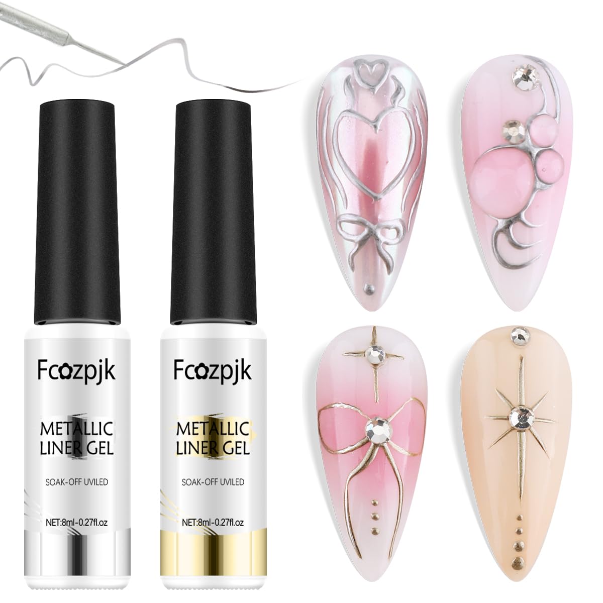 Fcozpjk Metallic Gel Nail Polish 2PCS Chrome Gel Liner Nail Art Gold Silver Gel Polish 8ml Mirror Effect Painting Nail Gel with 