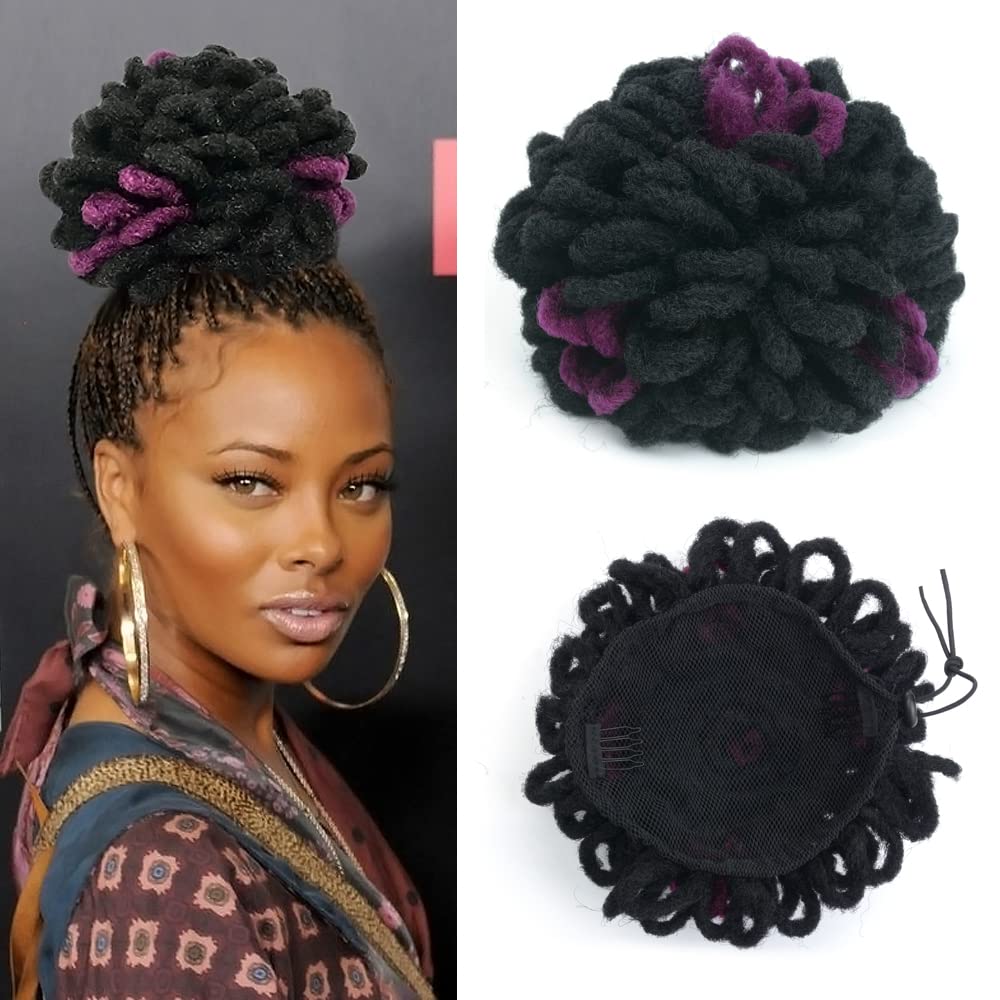 Yinmei Baibian Purple Dreadlock Bun Faux Locs Drawstring Ponytail Dread Loc Petal Buns Curly Colored Afro Puffs Braided Hair Ext