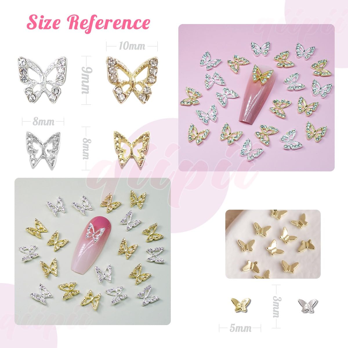 Butterfly Nail Charms, 58Pcs 3D Golden Silver Butterfly Charms For Acrylic Nails, 8 Butterflies Nail Rhinestones Gems Charms +50
