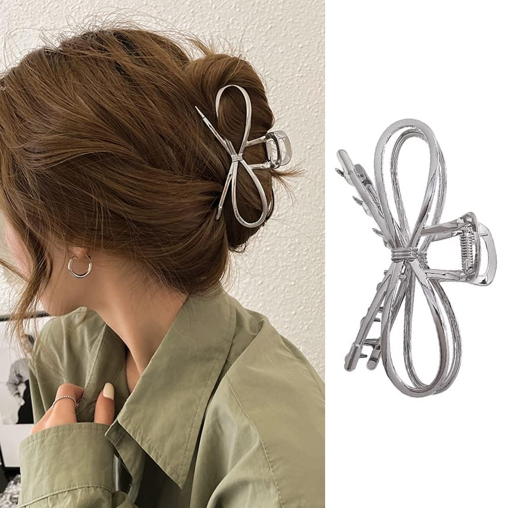 1Pcs Metal Silver Bow Hair Claw Clips - Large Fashion Hair Accessories for Women Girls, Strong Hold Alloy Elegant Jaw Grip Clips