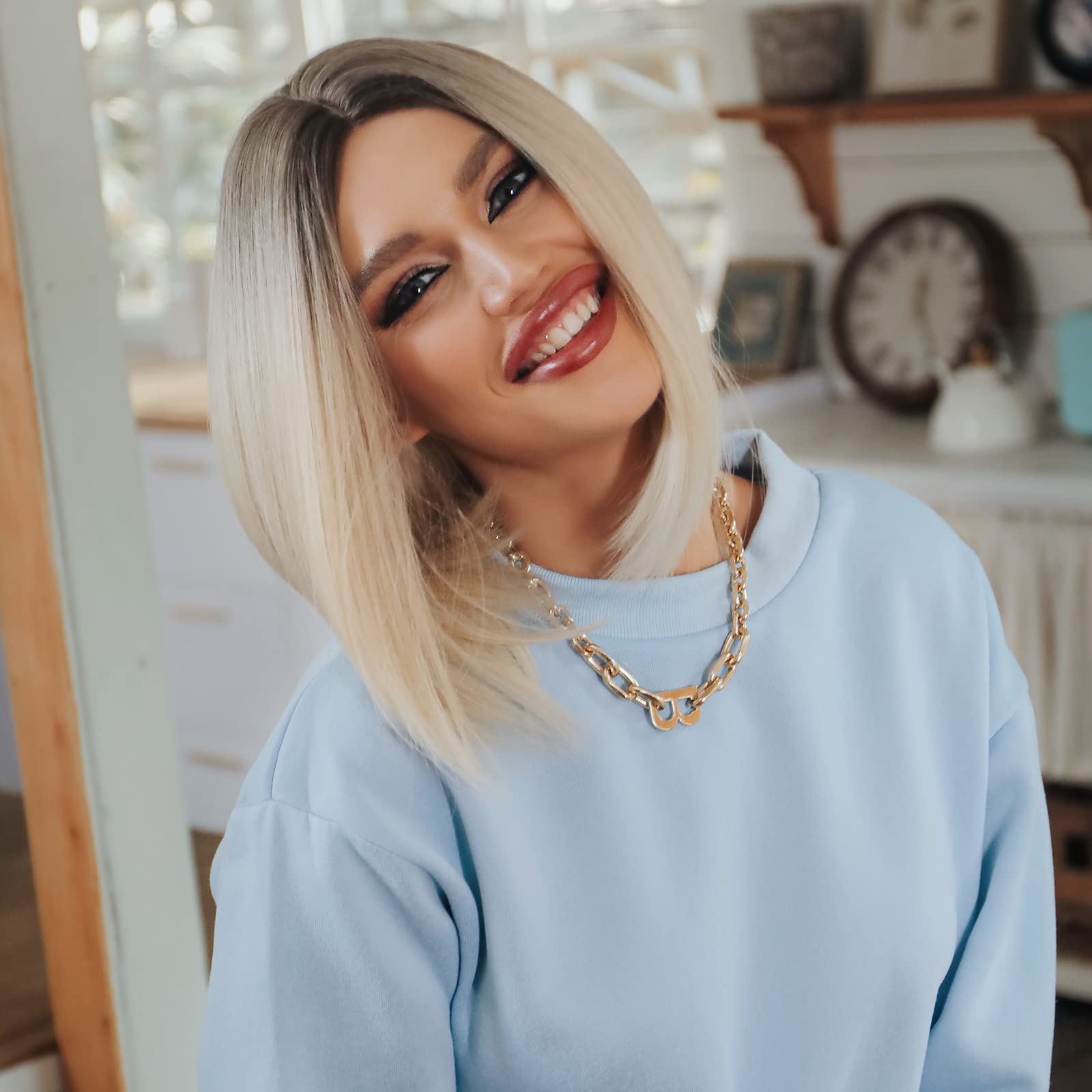 HAIRCUBE Ombre Blonde Bob Wig Shoulder Length Wigs for Women Dark Brown Roots Middle Part Heat Resistant Fibre Synthetic Wig Dai