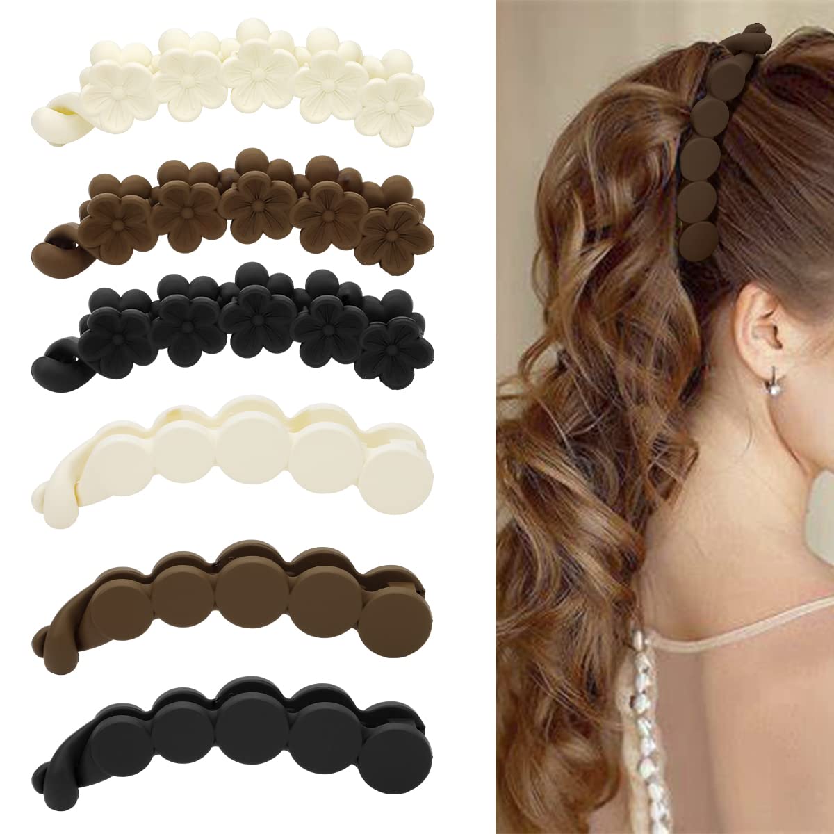 Hapdoo Matte Flower Banana Hair Clips - 6PCS Strong Hold Hair Accessories for Women and Girls, Suitable for Ponytails, Buns, and