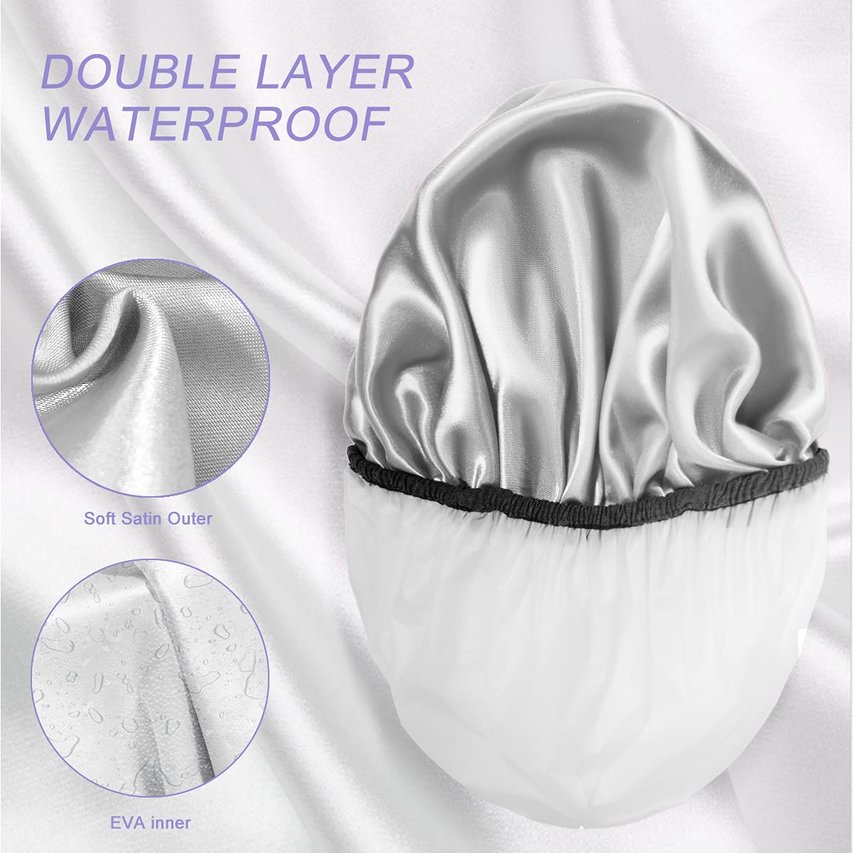 Aquior Shower Cap,Shower Caps For Women Long Hair,Silky Satin Hair Bonnet Reusable Bathing Cap,Extra Large For All Hair Length,4