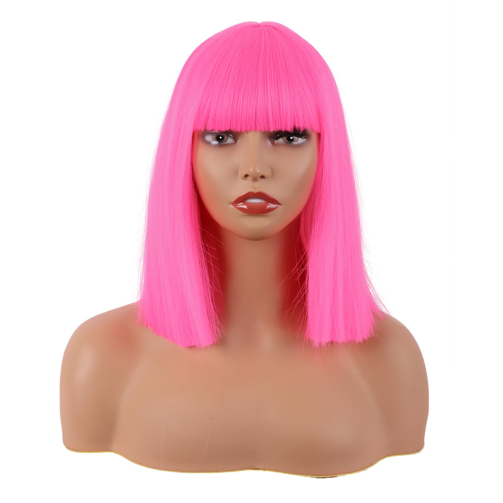 MapofBeauty 12 Inch/30 cm Straight Bob Flat Bangs Short Colorful Synthetic Hair Cosplay Party Wig (Neon Pink)