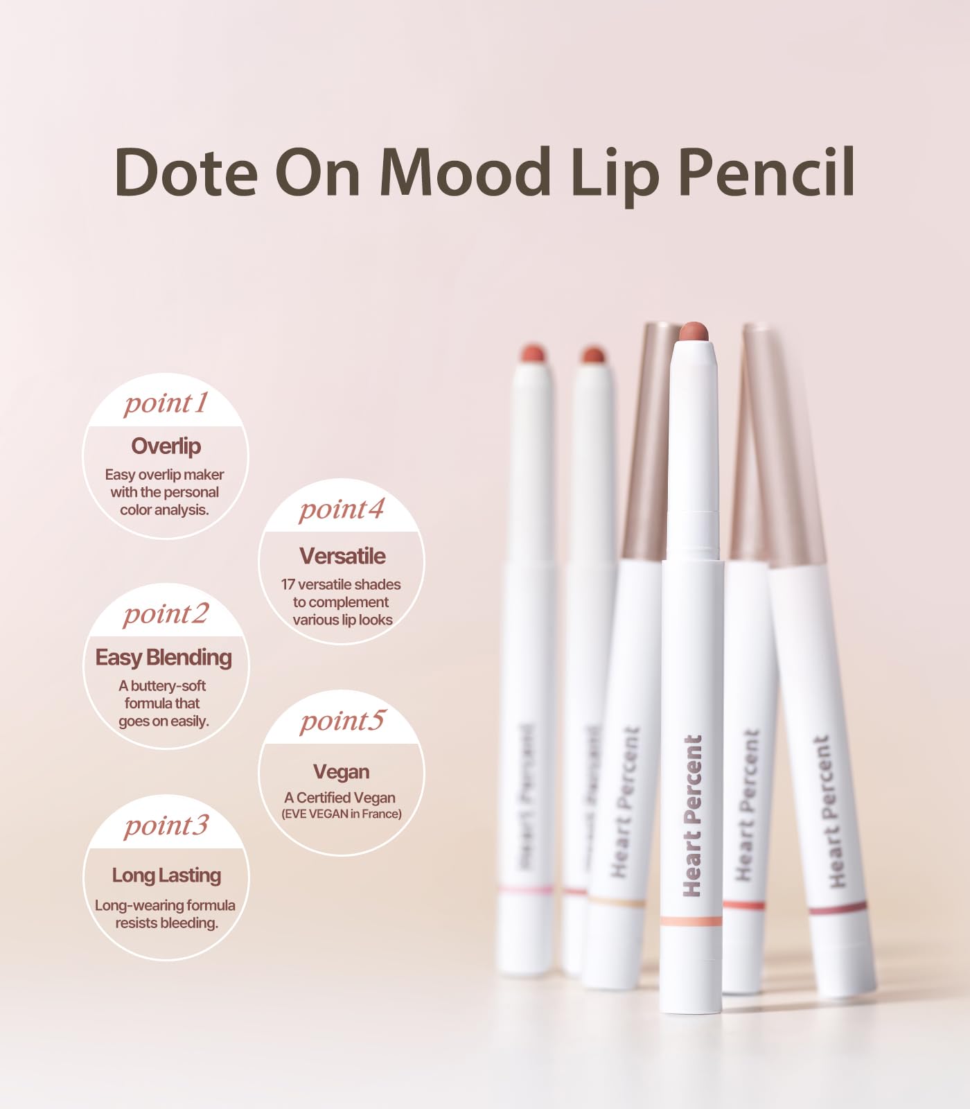 Heart Percent Dote On Mood Lip Pencil, Long-Lasting Creamy Lip Crayon Smooth Color Liner Retractable Lipstick Pencil 0.8G, #02.