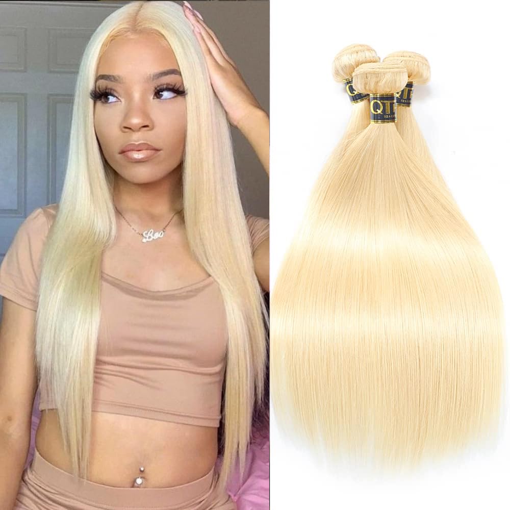 QTHAIR 14A 613 Blonde Hair Bundles 16'' 18'' 20'' 300g 14A Grade Brazilian Virgin Straight Human Hair 3 Bundles 100% Unprocessed