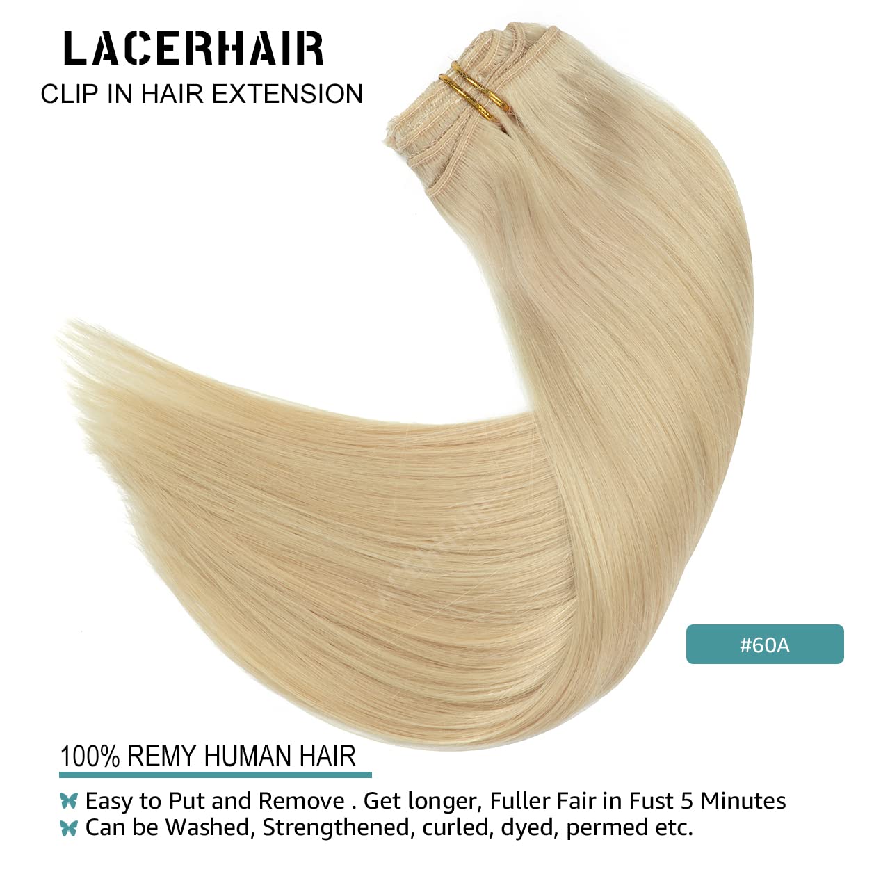 Lacer 22 Inch Full Head Silky Straight 100% Human Hair Clip In Extensions Light Platinum Blond #60A 7Pieces 140G Double Weft Ext