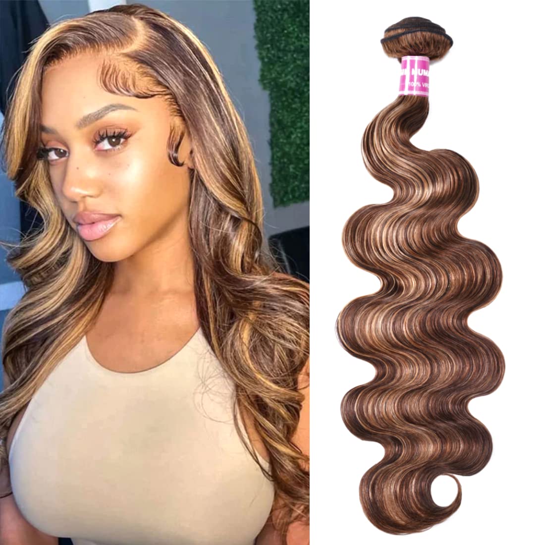 UNice Honey Blonde Highlight Body Wave Human Hair Weave 1 bundle 14 inch, Brazilian Remy Hair Dark Root Ombre Blonde Human Hair 