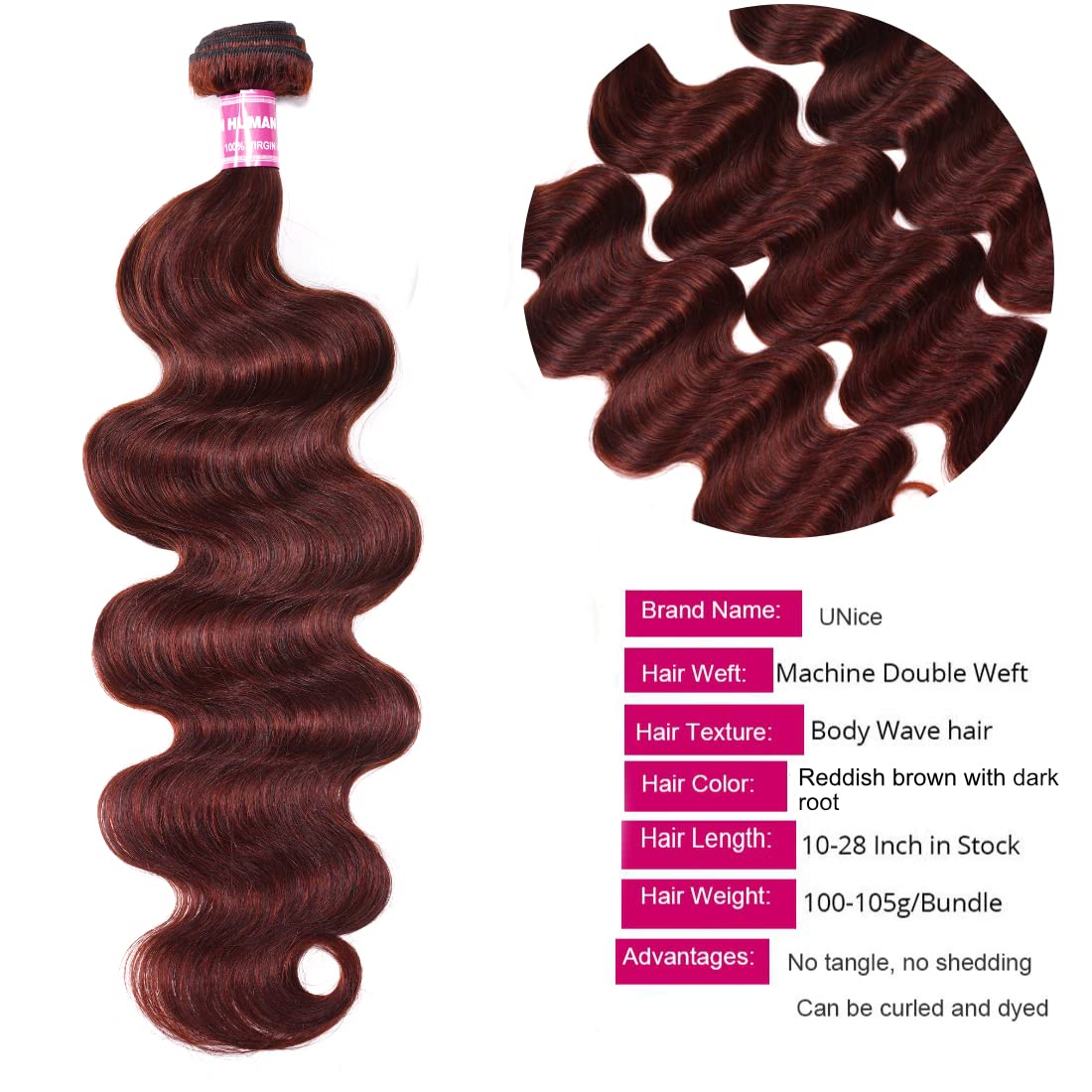 UNICE Reddish Brown Body Wave Human Hair Weave 4 Bundles 14 16 18 20 inch, Brazilian Remy Hair Auburn Brown Copper Red Human Hai
