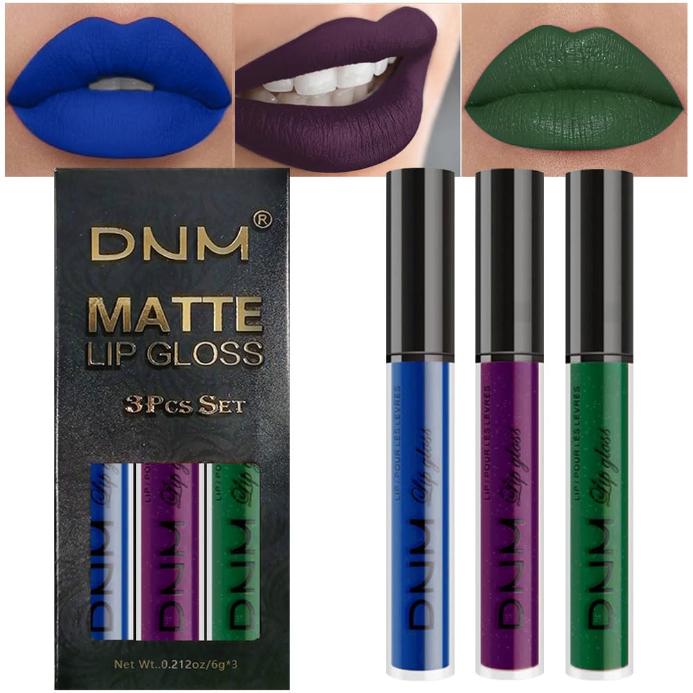 Evpct Dnm 3Pcs Dark Blue Emerald Green Purple Matte Liquid Lipstick Lip Stain Sets For Women Matte+Lipstick Long Lasting 24 Hr H