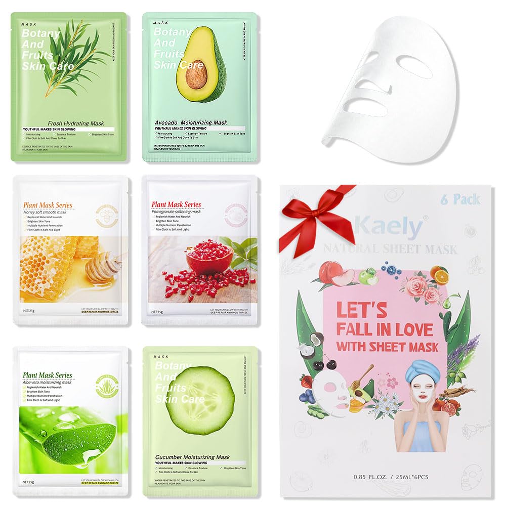 6 Pcs Real Hydrating Avocado Honey Pomegranate Aloe Vera Nature Face Masks Skincare, Hyaluronic Acid, Vitamin C And E, Korean Be