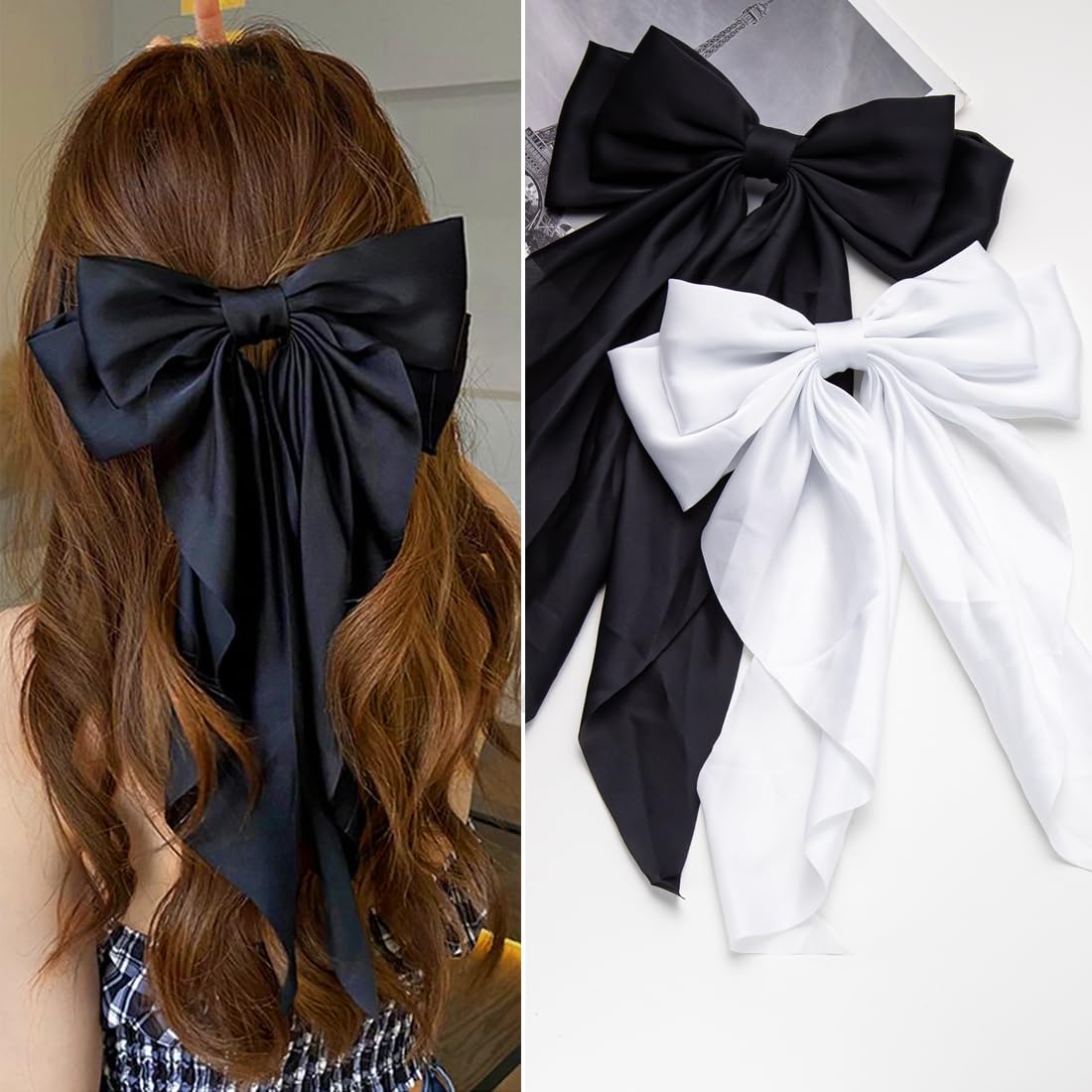 Hair Bows 2 PCS Ribbon Bow for Women and Girls, Oversized Long-tail Cute Aesthetic Hair Accessories, Large Hair Barrettes (Black