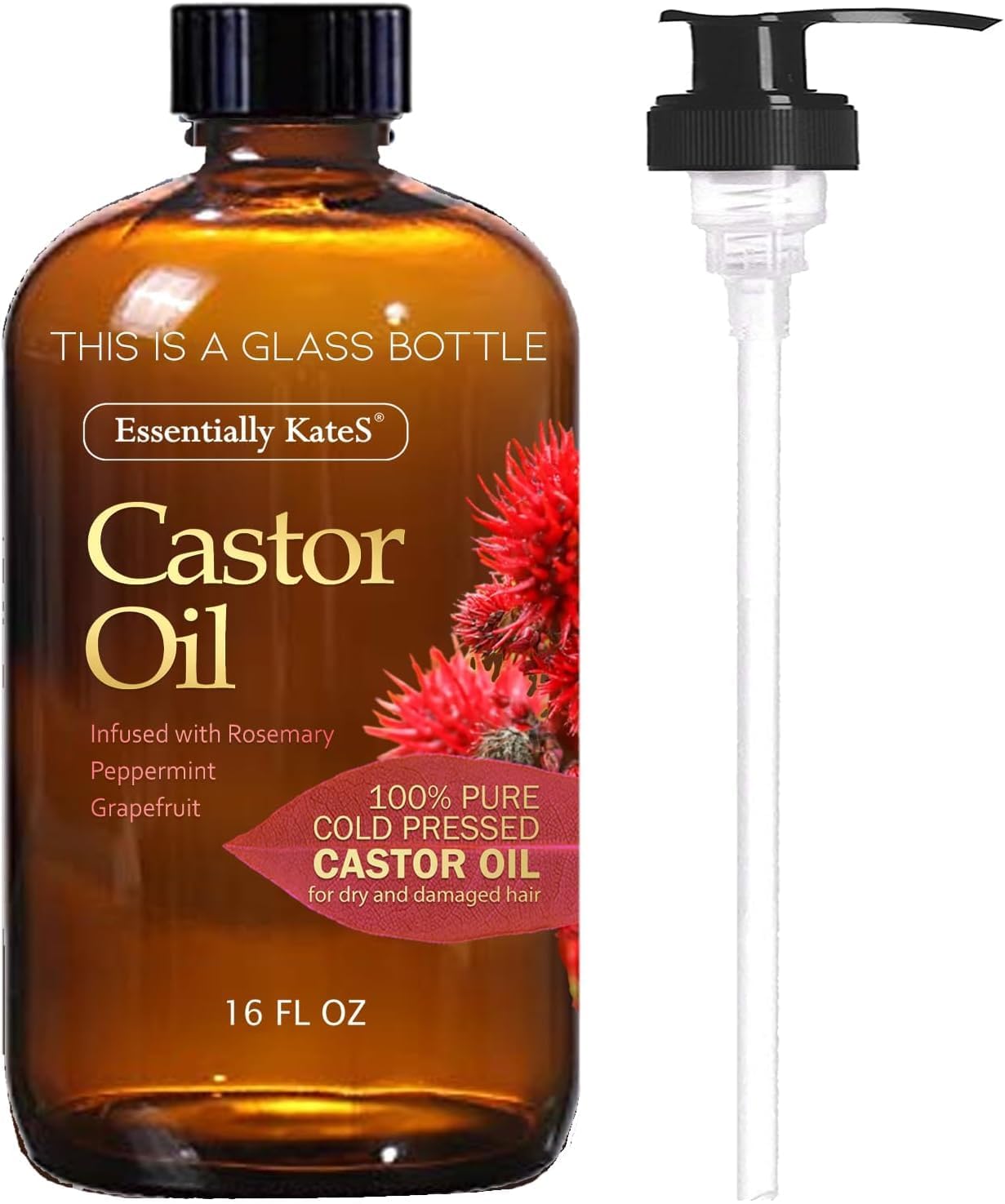 Castor Oil 16 Fl Oz (Glass Bottle) - Rosemary Peppermint Grapefruit Infusion - A Huge Glass Bottle With A Pump - 100% Pure And N
