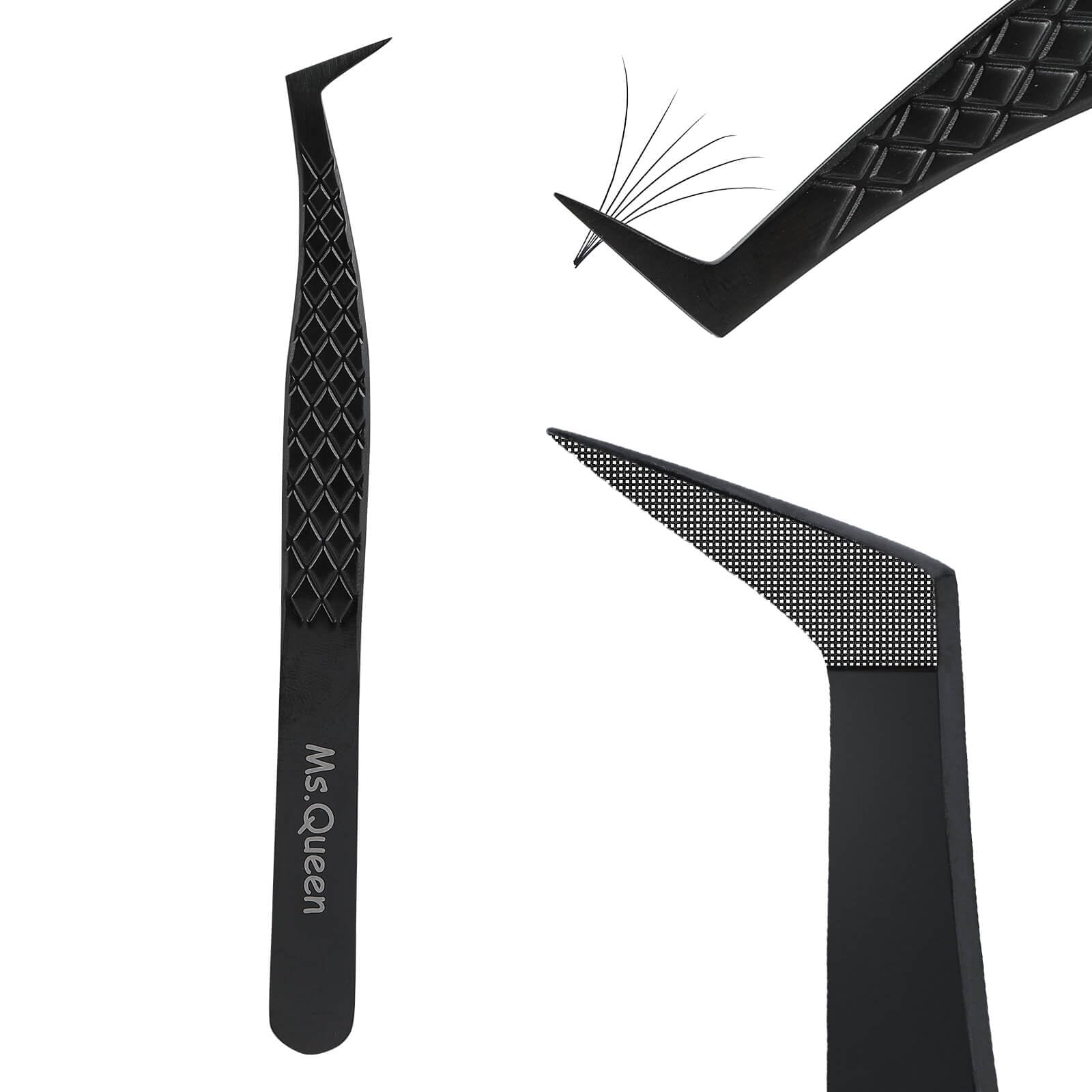 Ms.Queen Fiber Tip Lash Tweezers, Precise Diamond Grip L-Shape Boot Volume Eyelash Extension Tweezers,Black