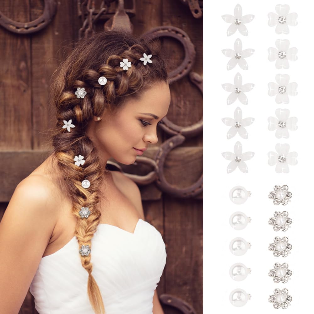 Ahoney 20Pcs Mini Clips For Hair White Flower Hair Clips With Rhinestone Cute Flower Girl Hair Accessory Decorations Hair Clips