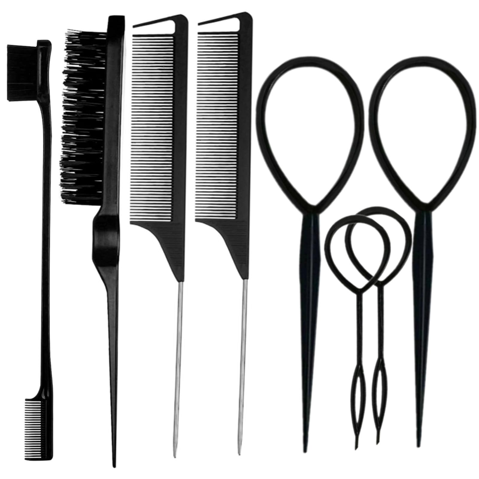ZVOREI 8Pcs Black Hair Brushes Set with 4Pcs Topsy Tail Tools, Teasing Bristle Brush, Edge Control Brush, and 2Pcs Metal Pin Rat