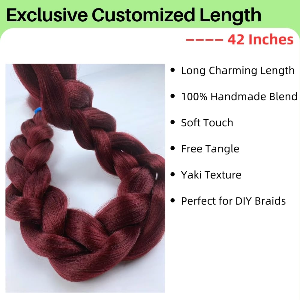 Burgundy Braiding Hair Pre Stretched 42 Inch for Knotless Braids Long Synthetic Box Braiding Hair for Women