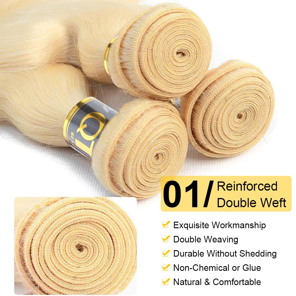 Qthair 613 Blonde Hair Bundles 8'' 10'' 12'' 300G 14A Grade Brazilian Virgin Body Wave Human Hair 3 Bundles 100% Unprocessed Vir