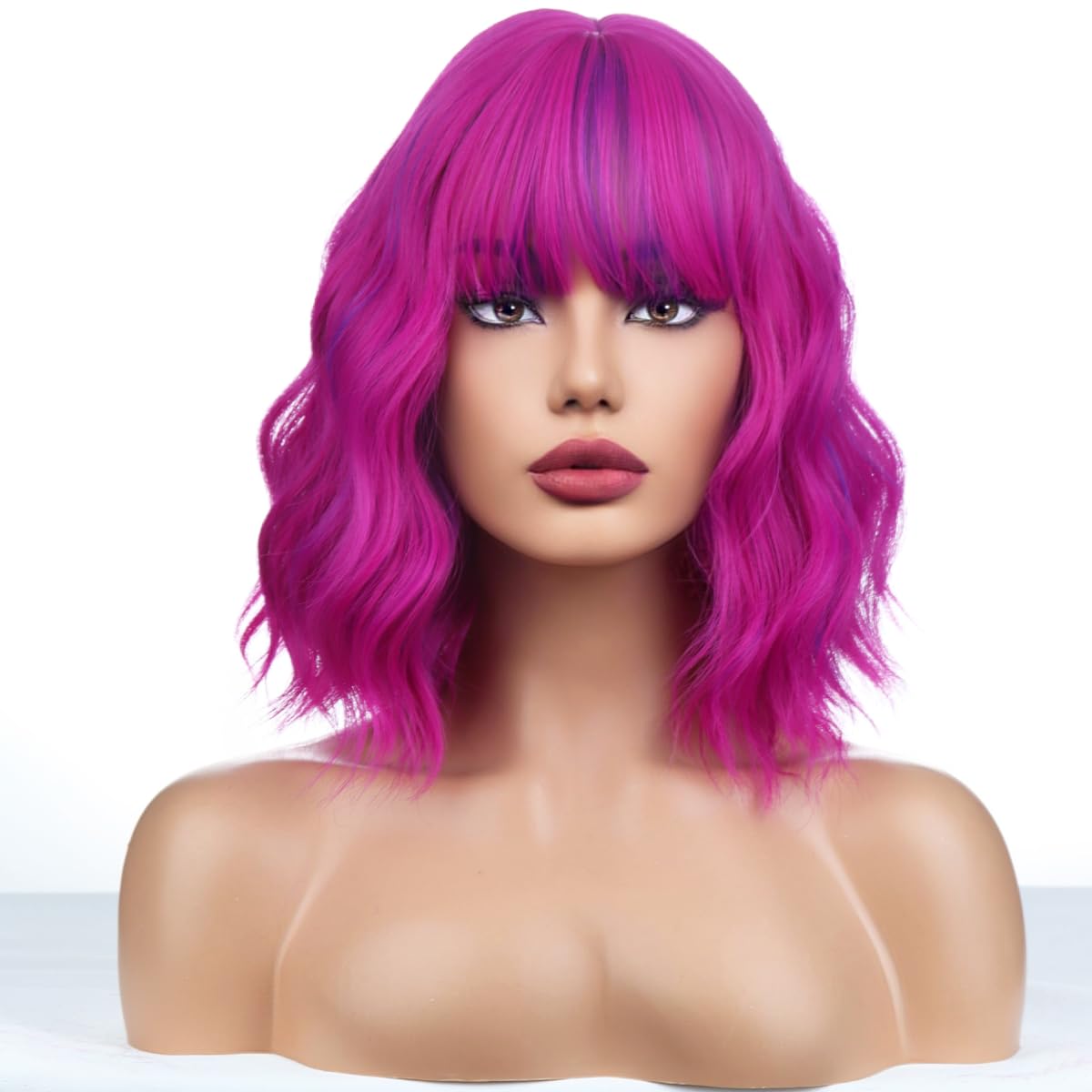 WTHCOS Colorful Wig Short Bob Wig Short Rose Mixed Purple Wigs for Women Curly Wavy Wig with Bangs Heat Resistant Synthetic Hair