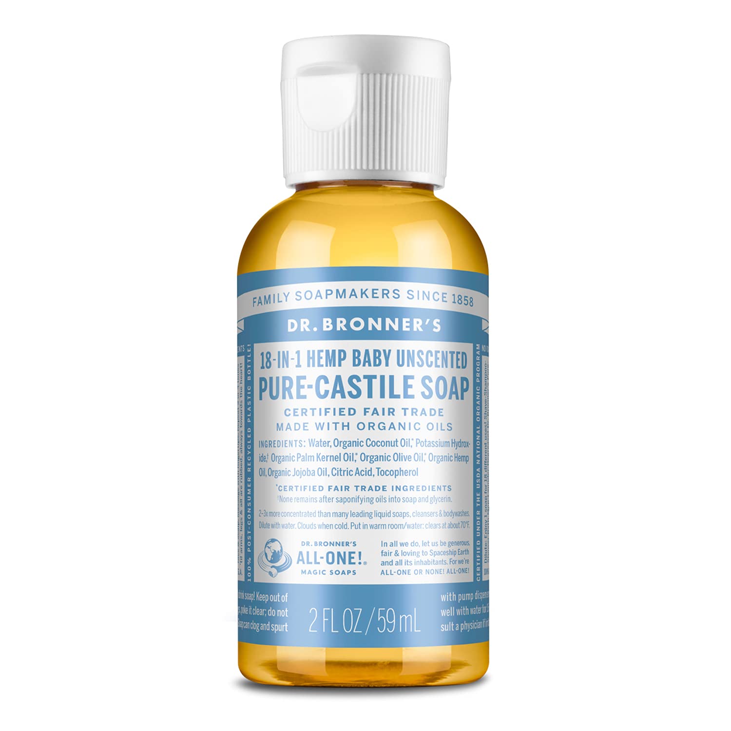 Dr. Bronners - Pure-Castile Liquid Soap (Baby Unscented, Travel Size, 2 Ounce) - Made With Organic Oils, 18-In-1 Uses: Face, Bod