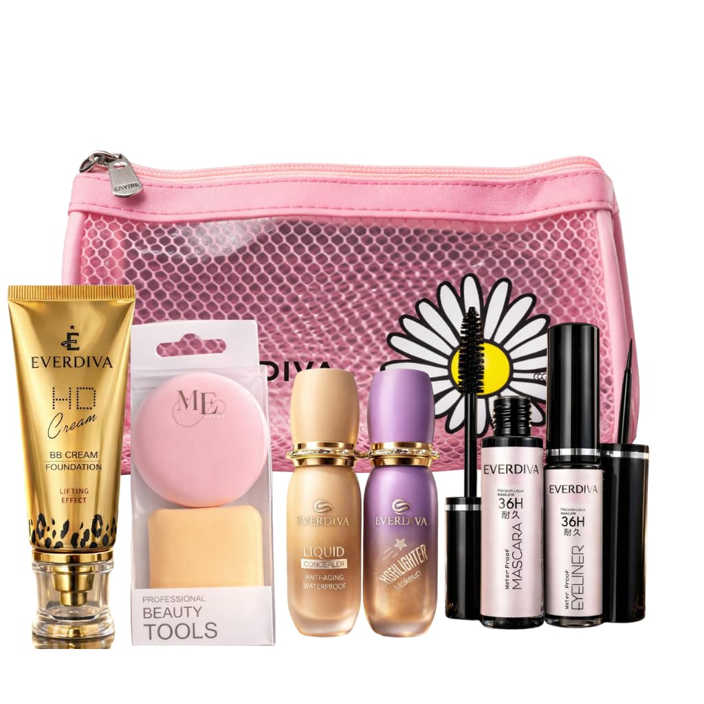 Liquid Concealer & Liquid Highlighter Makeup Combo Kit | Hd Glow Bb Cream, Powder Puffs Set, Mascara & Eyeliner With Makeup Bag 
