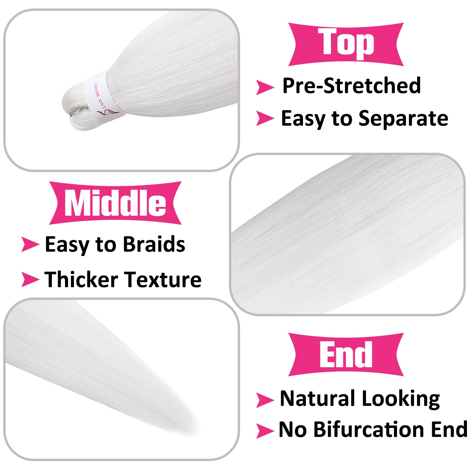Unionbeauty 26 Inch Pre Stretched Braiding Hair 2 Packs Crochet Hair White Braiding Hair For Box Braids Hot Water Setting Easy B