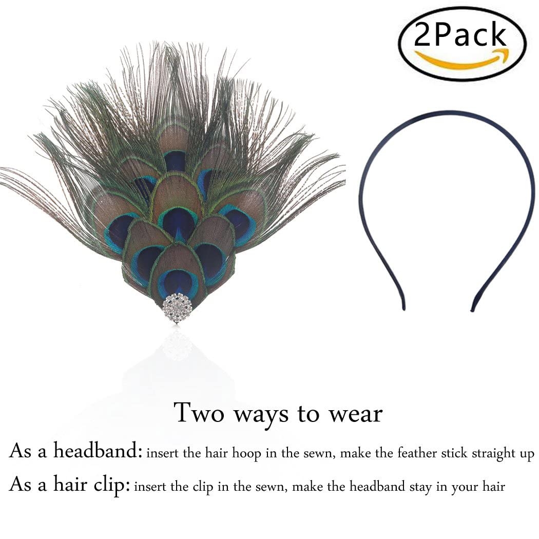 Aukmla Peacock Feather Headband Green 1920S Flapper Headpiece Rhinestones Costume Headdress Hair Accessories For Women And Girls
