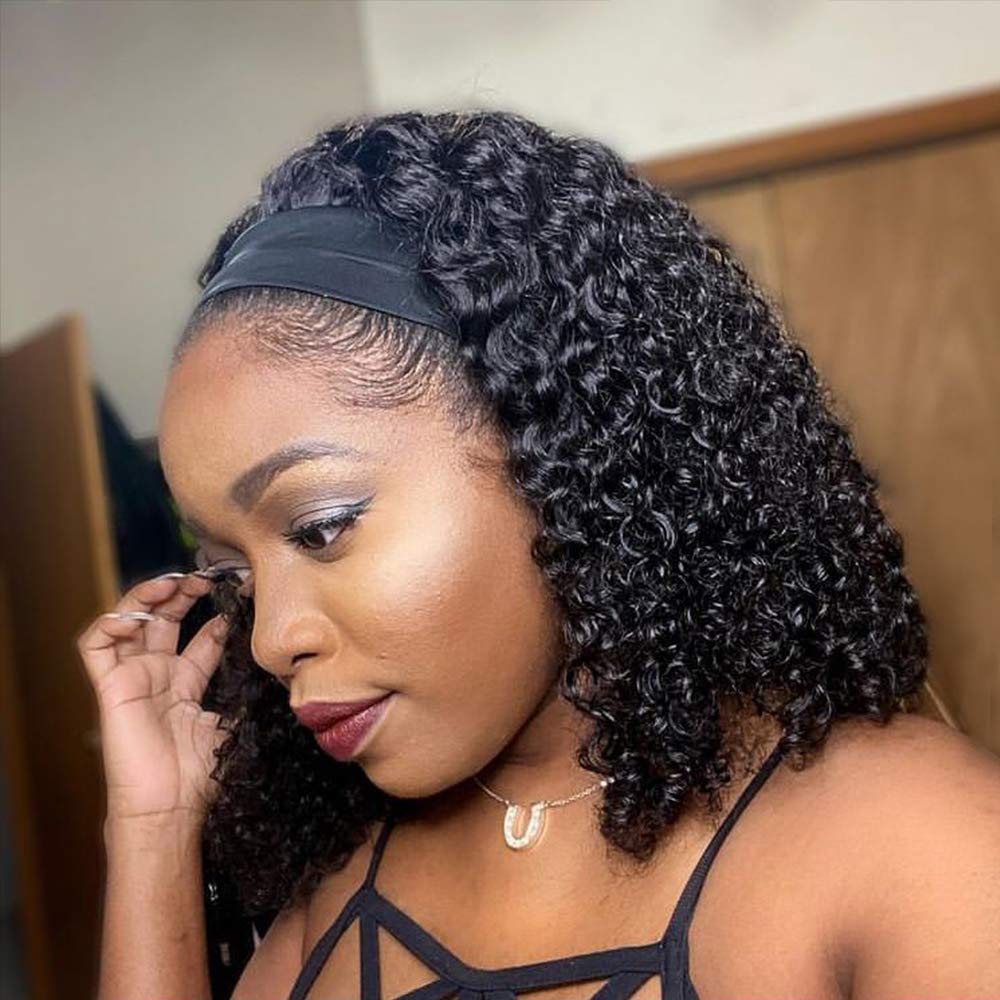 Rebasar Headband Wig Human Hair 12 Inch Glueless Wear and Go Curly Headband Wigs for Black Women Human Hair Deep Wave Headband V