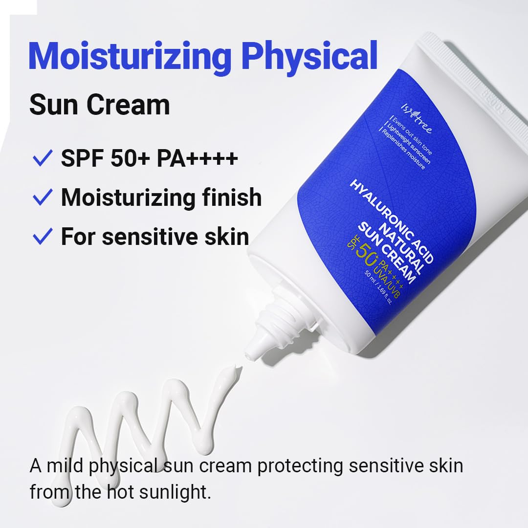 ISNTREE Hyaluronic Acid Natural Suncream SPF50 PA++++ 50ml, 1.69 fl.oz | Evens out skin tone | Lightweight sunscreen | Replenish