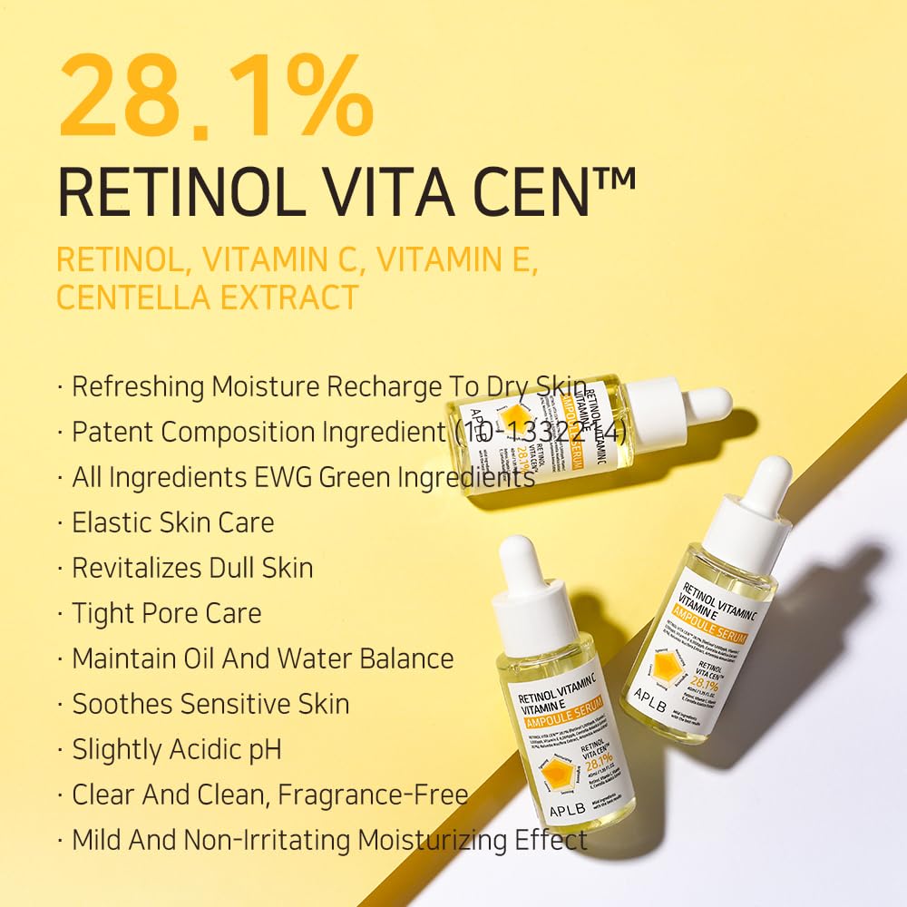Aplb Retinol Vitamin C Vitamin E Ampoule Serum | Retinol Vita Cen 28.1% 1.35 Fl.Oz/Korean Skincare, Long Lasting Moisturizing, R