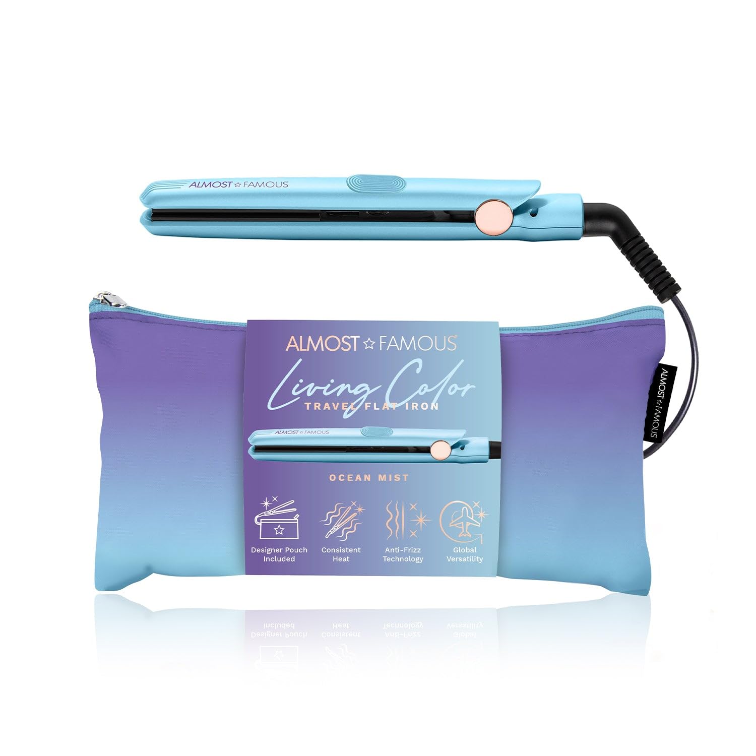 Almost Famous Living Color Mini 0.5 Flat Iron with Designer Travel Bag  Tourmaline Ceramic, Dual Voltage, All Hair Types (Ocea