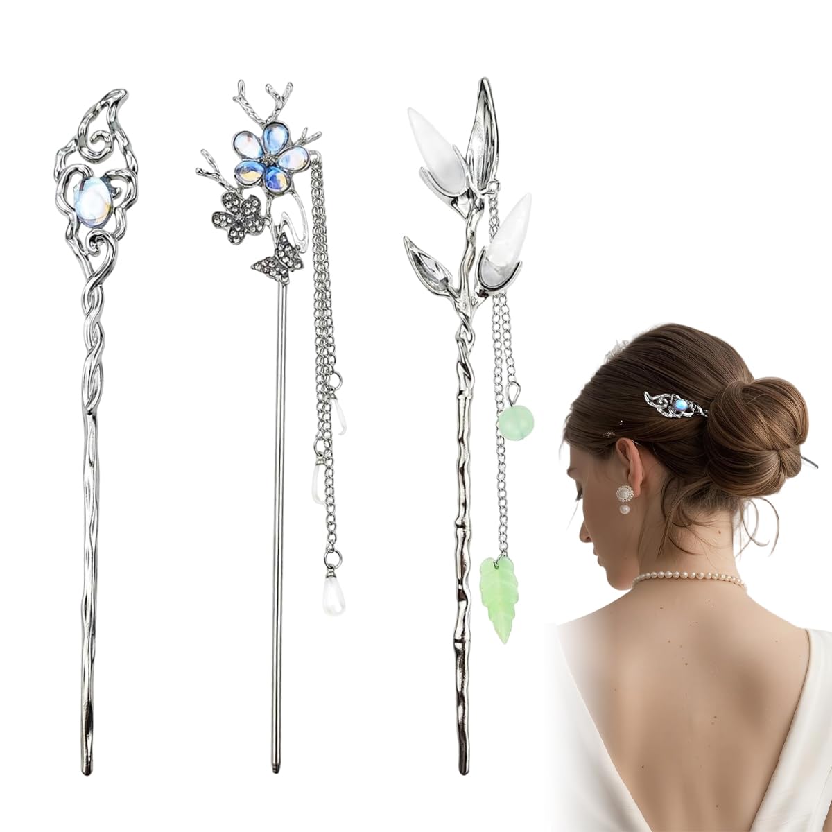 Sannidhi 3Pcs Hair Stick For Bun Tassel Hair Bun Stick For Women Girls Flower Metal Pin Hairpins Fashion Opalescent BambooStyle