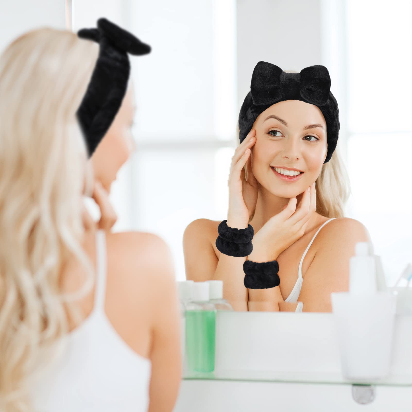 Hanaive 3 Pcs Face Wash Headband Wristband Set For Women Spa Bow Skincare Headband Soft Makeup Wrist Towel For Washing Face Vale