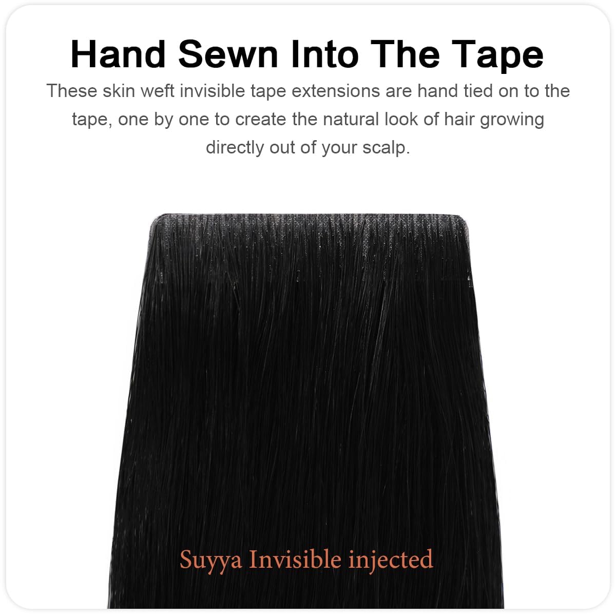 Suyya Invisible Tape In Hair Extensions Human Hair Jet Black Seamless Injected Hand-Tied Pro Quality Virgin Human Hair 20Pcs 50G