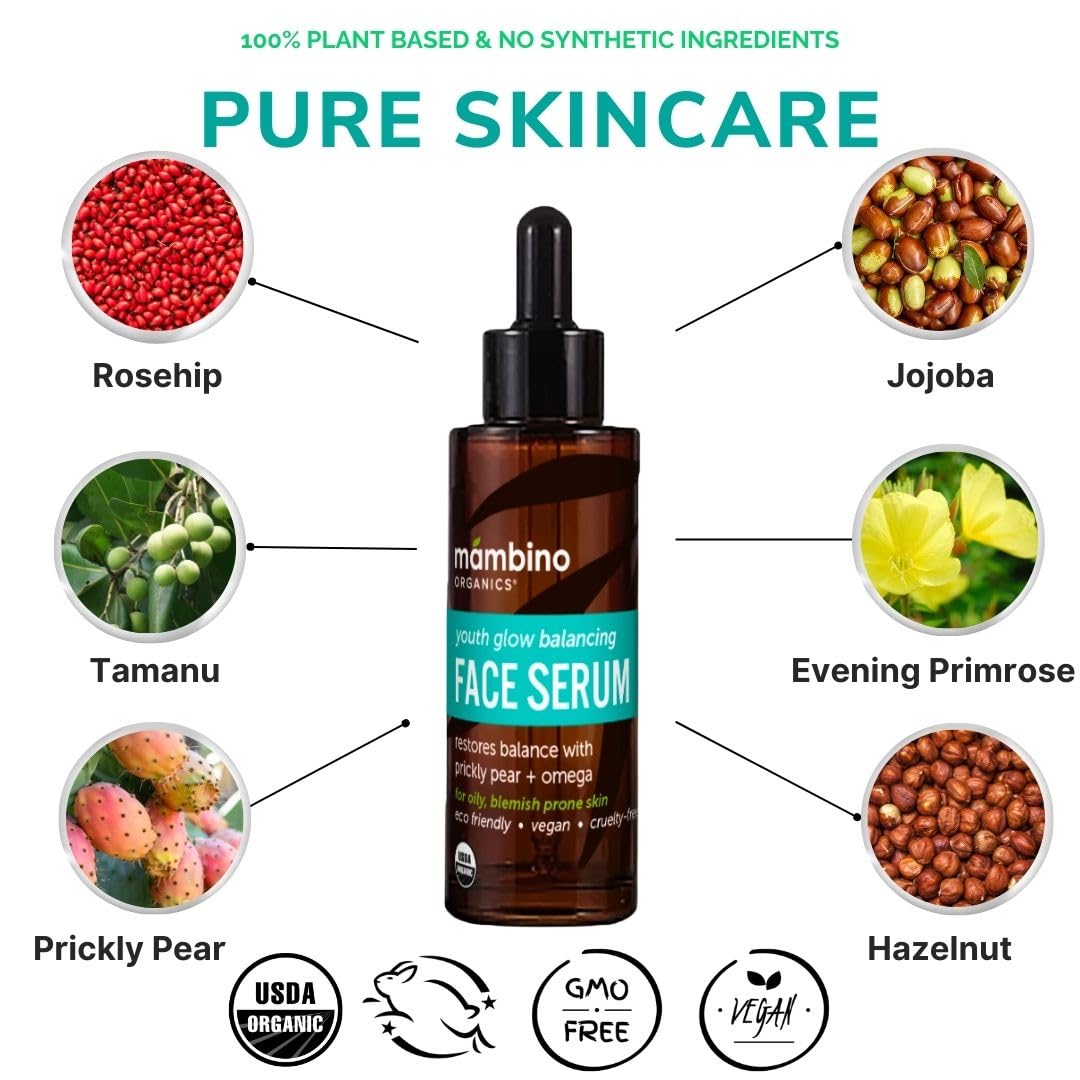Youth Glow Balancing Serum - Organic, Face Serum with Tunisian Prickly Pear - Nourishing Omegas & Vitamin C for Oily, Blemish-Pr